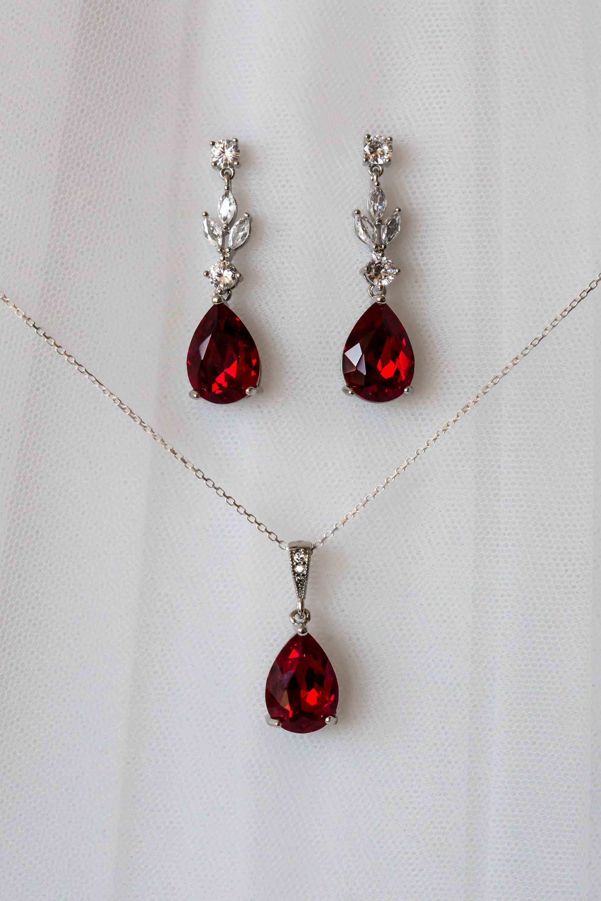 Ruby Red Earrings - Wedding Drop Earring Pendant Set | Bridesmaid Earrings