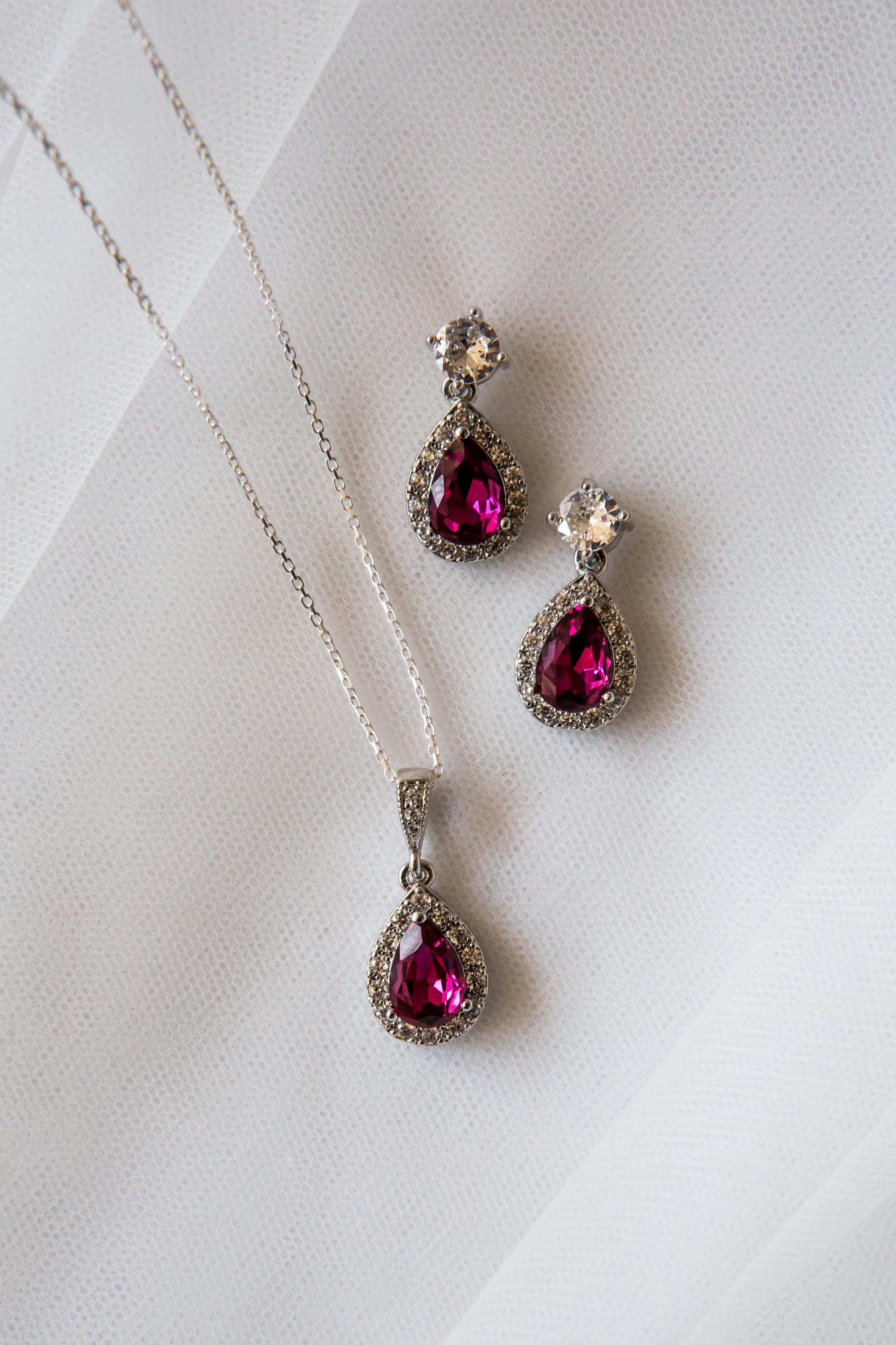 Indian Pink Crystal Jewellery Set | Wedding Jewellery | Drop Earring | Necklace | Bridesmaid Gift | Bride