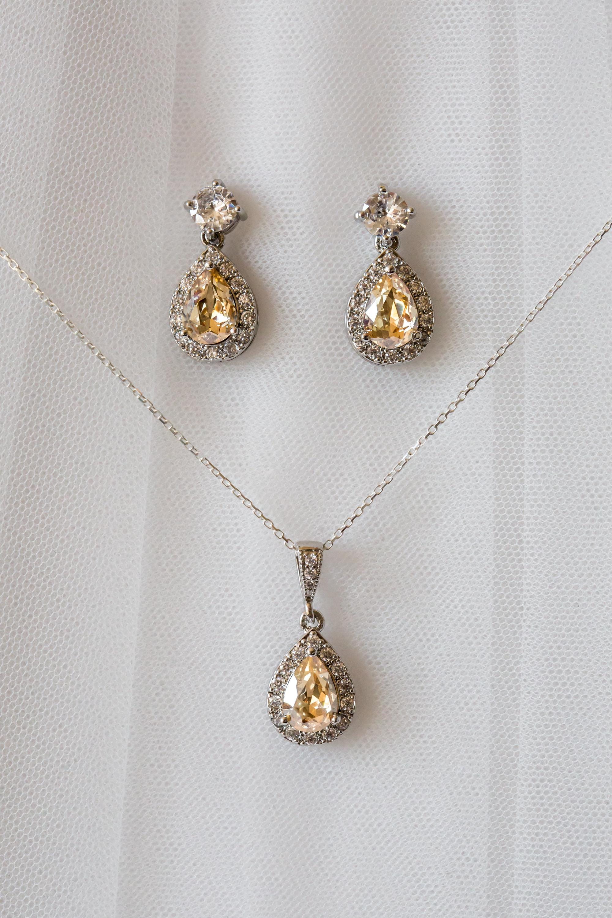 Champagne Yellow Crystal Jewellery Set | Wedding Jewellery | Drop Earring | Necklace | Bridesmaid Gift | Bride