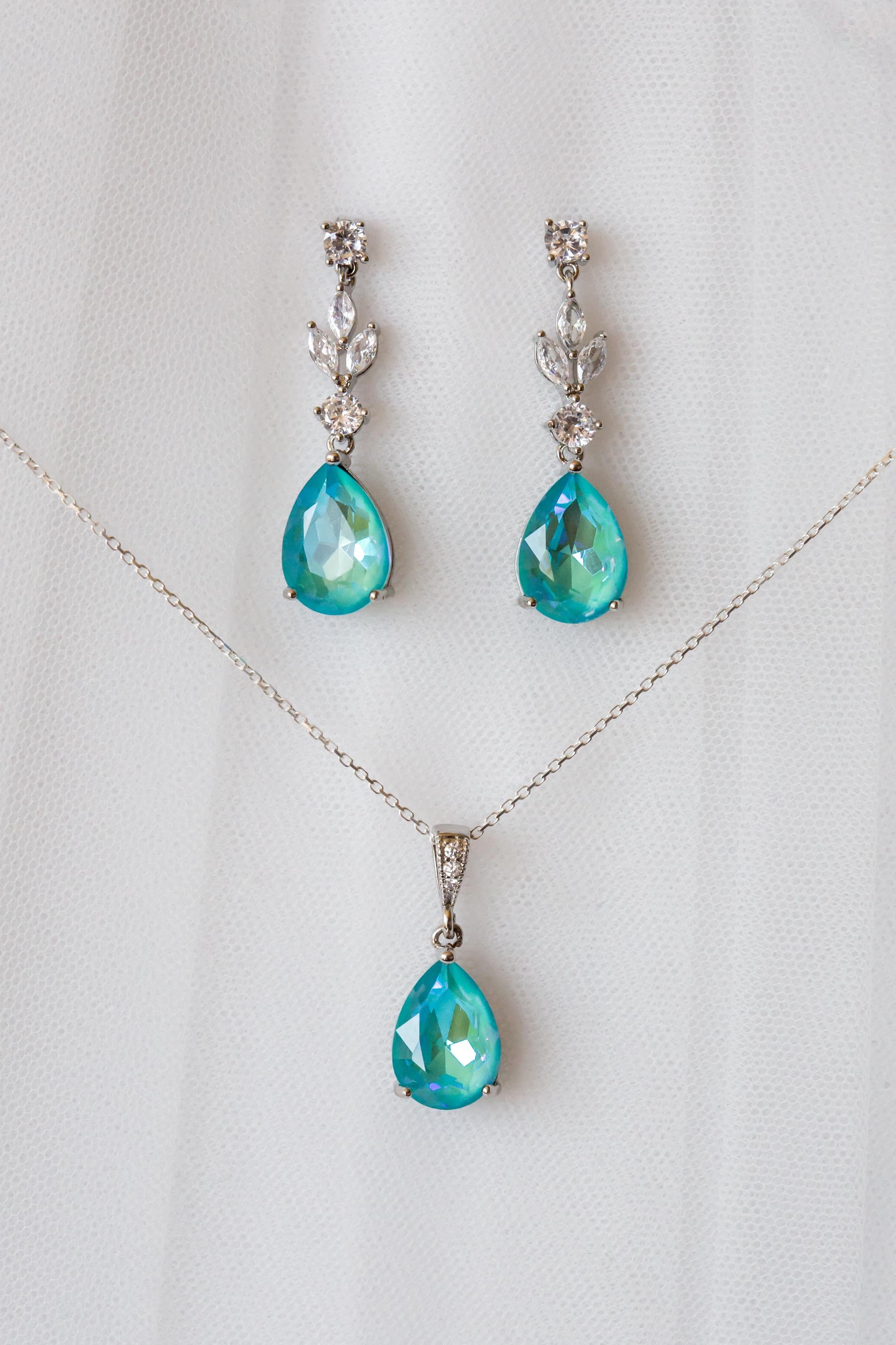 Aqua Sea Blue Bridal Jewellery Set - Wedding Drop Earring Pendant Set | Bridesmaid Earrings