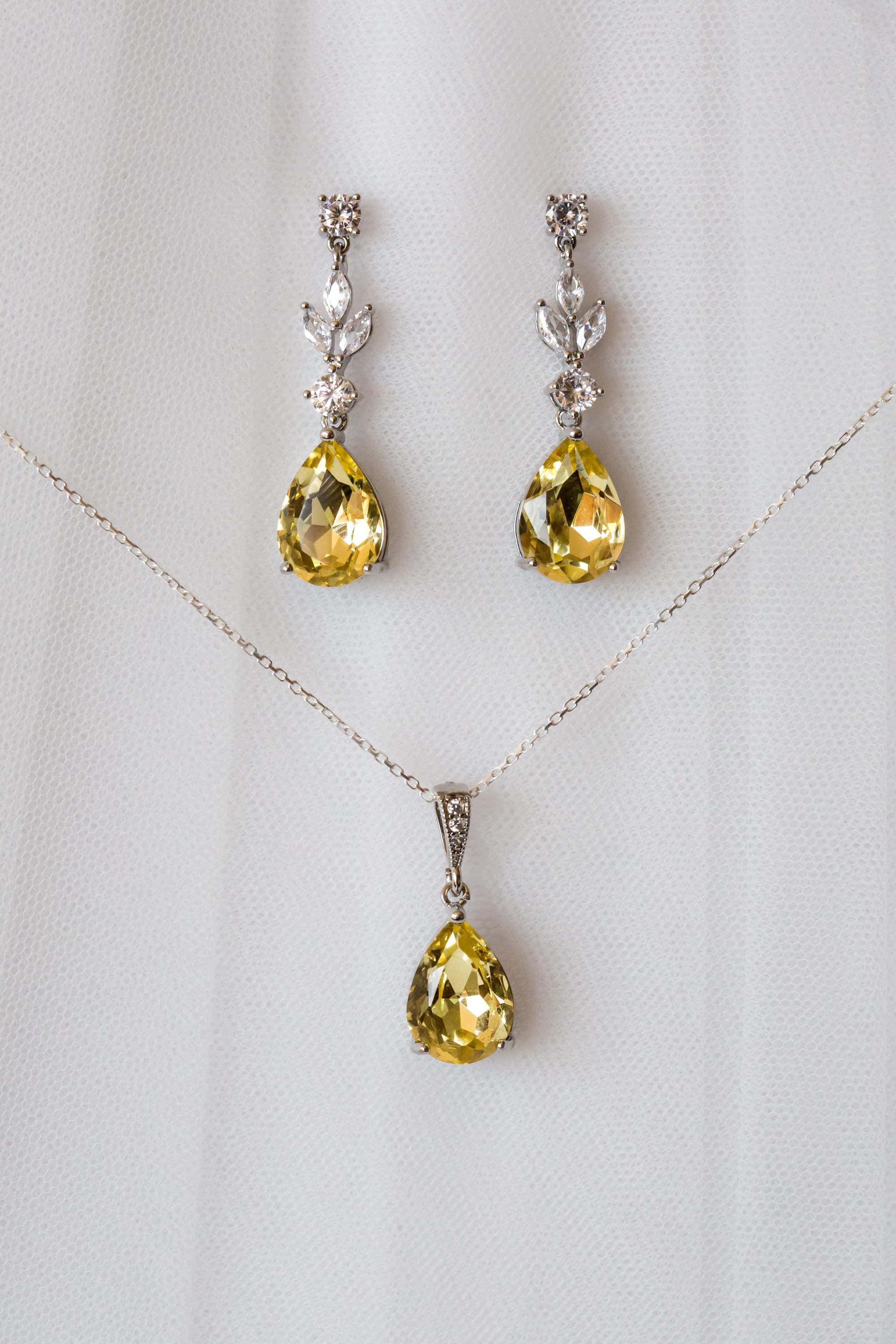 Yellow Bridal Jewellery Set - Wedding Drop Earring Pendant Set | Bridesmaid Earrings | Citrine
