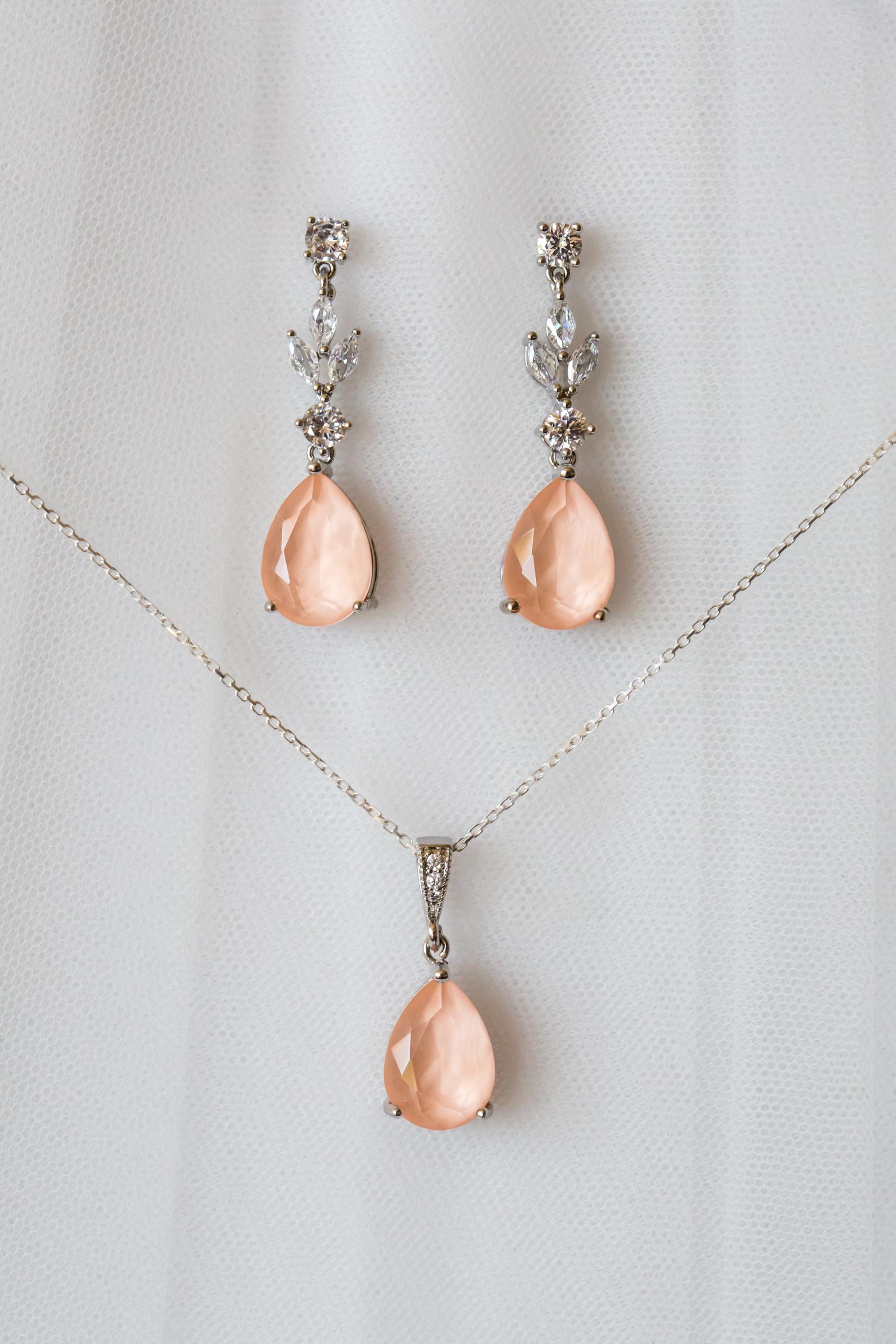 Peach Bridal Jewellery Set - Wedding Drop Earring Pendant Set | Bridesmaid Earrings