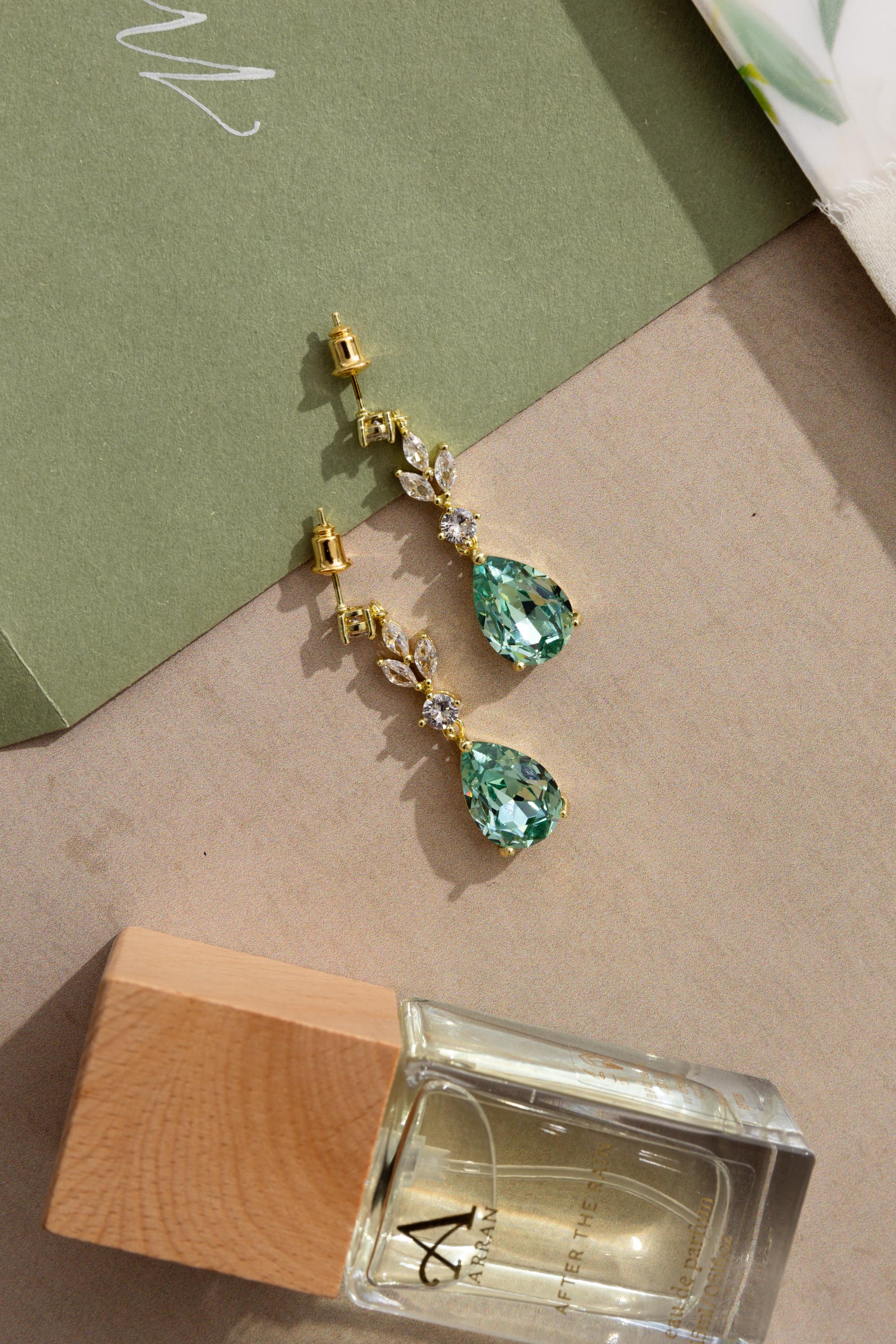 Sage Green Bridal Necklace - Wedding Drop Earring Pendant Set - Peridot - Bridesmaid Jewellery