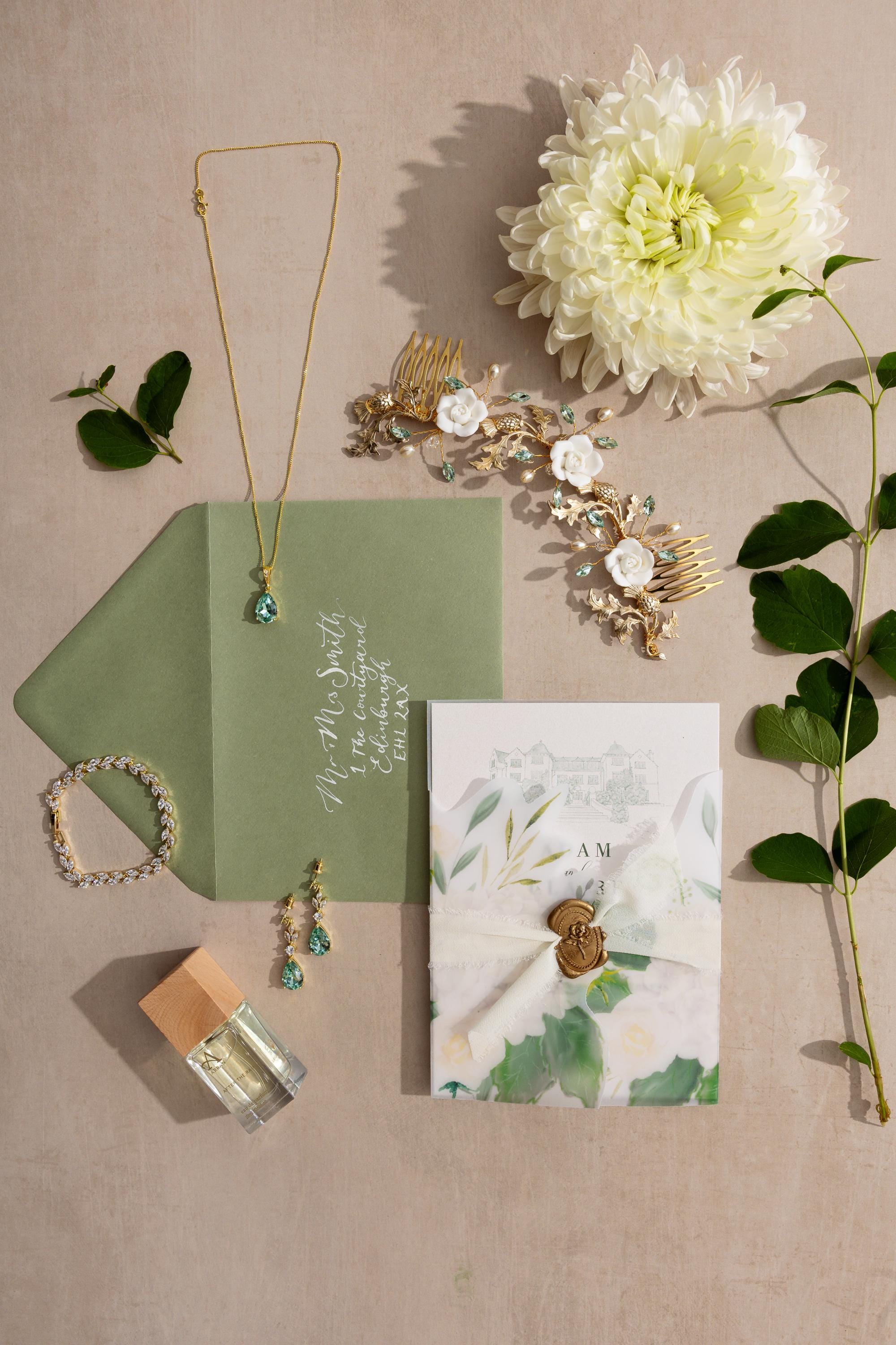 Sage Green Bridal Necklace - Wedding Drop Earring Pendant Set - Peridot - Bridesmaid Jewellery