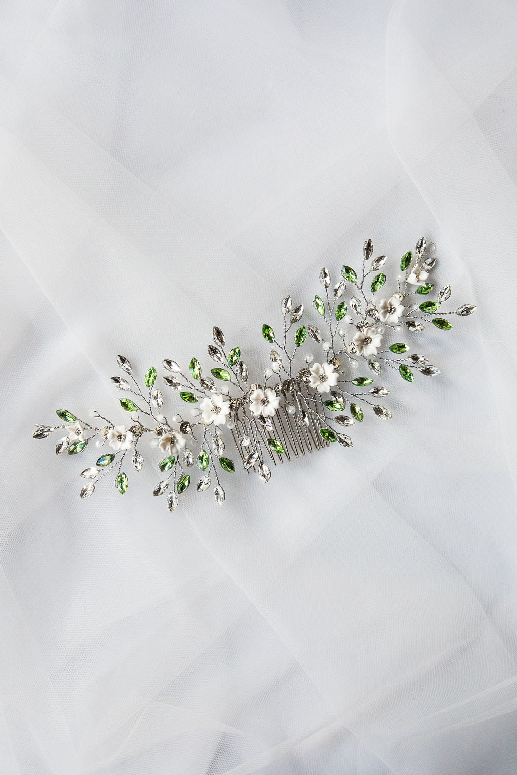 Sparkly Sage Green Crystal Flower Hair Vine