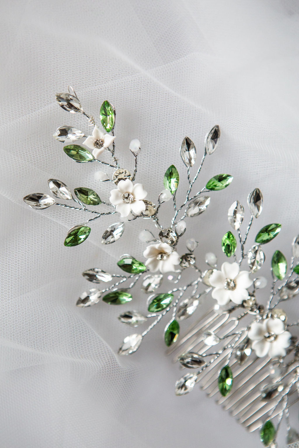 Sparkly Sage Green Crystal Flower Hair Vine