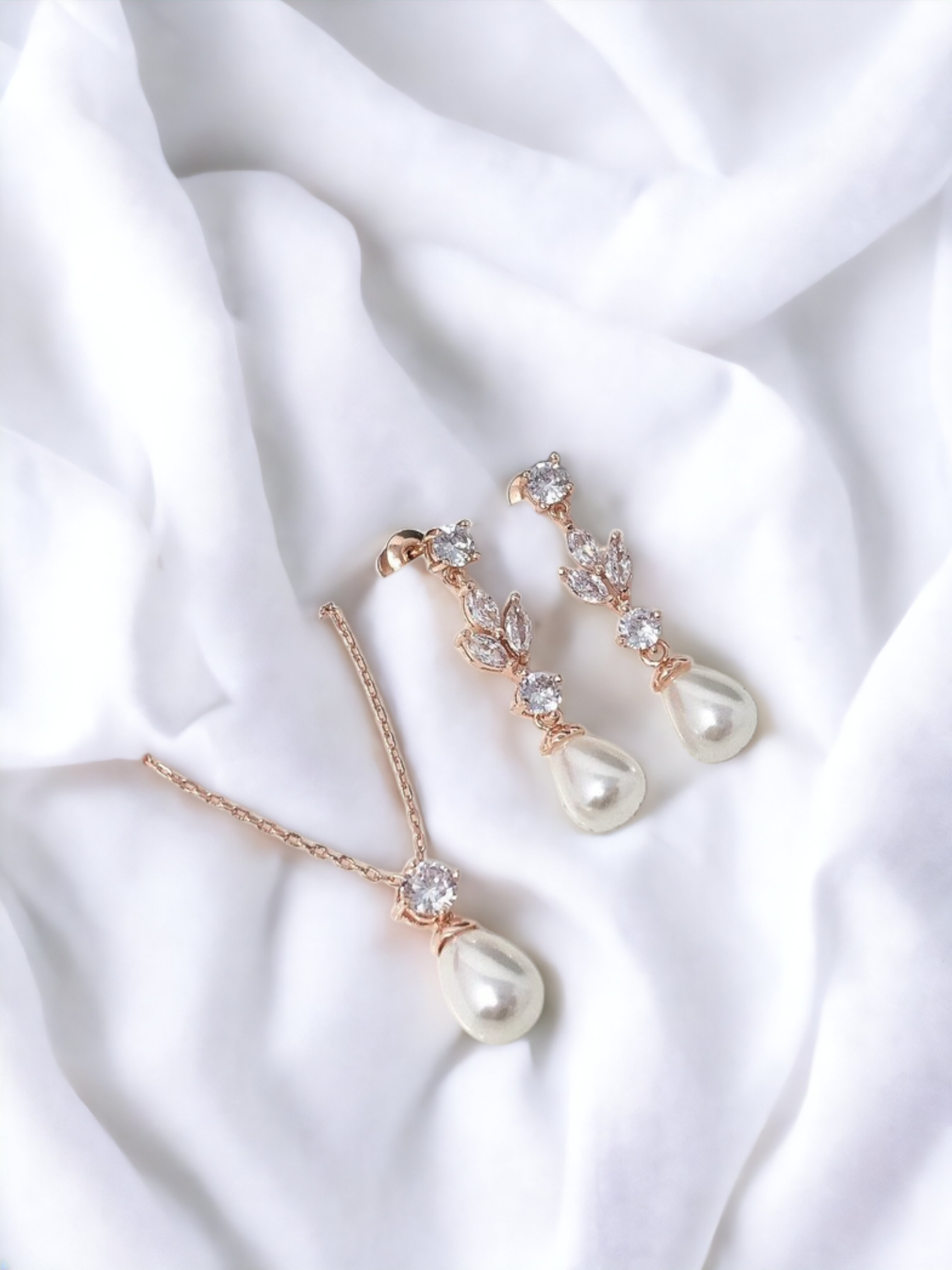 Rose Gold Pearl Drop Bridal Jewellery Set