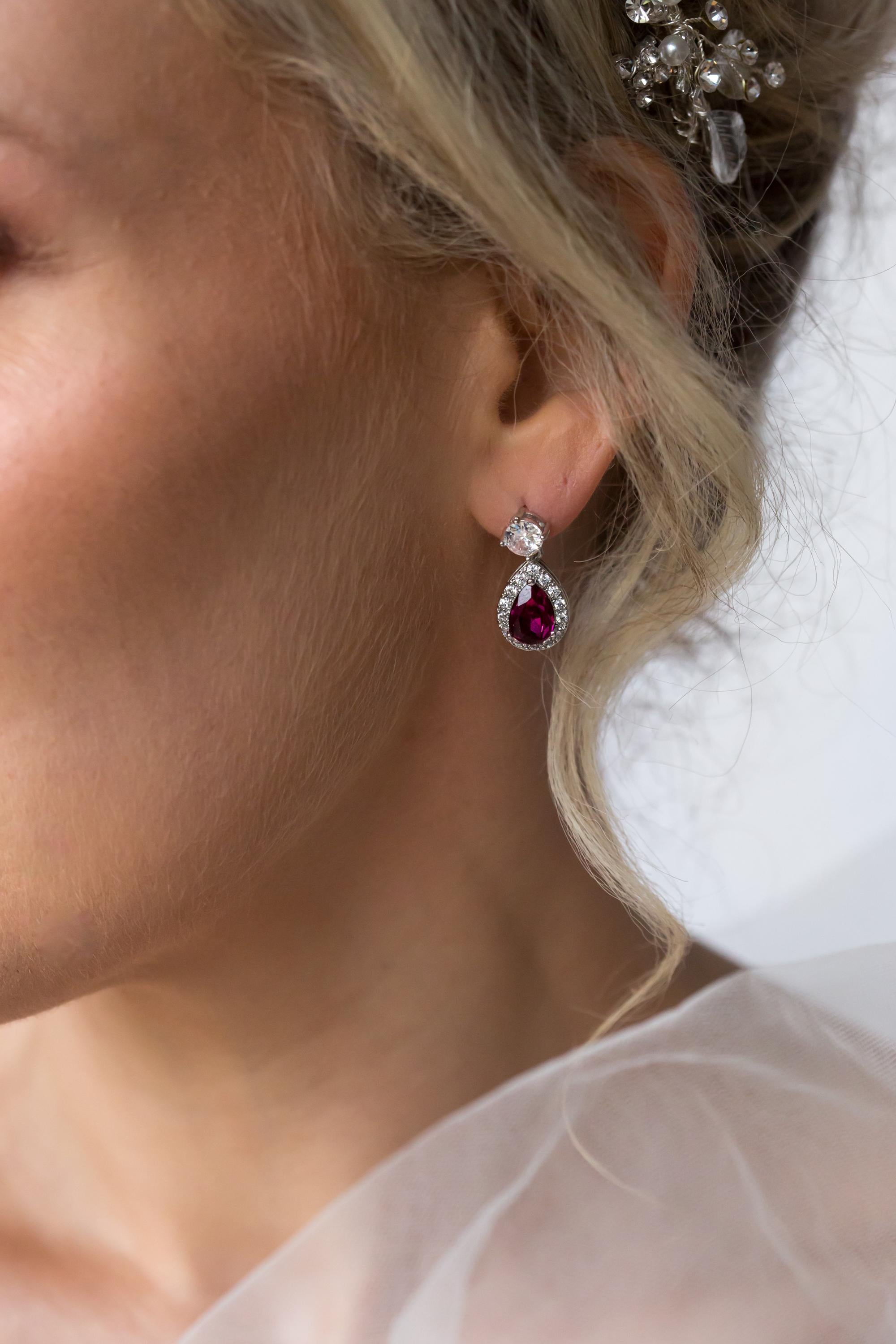 ruby red crystal drop earrings for bride, mother of the bride or bridesmaids