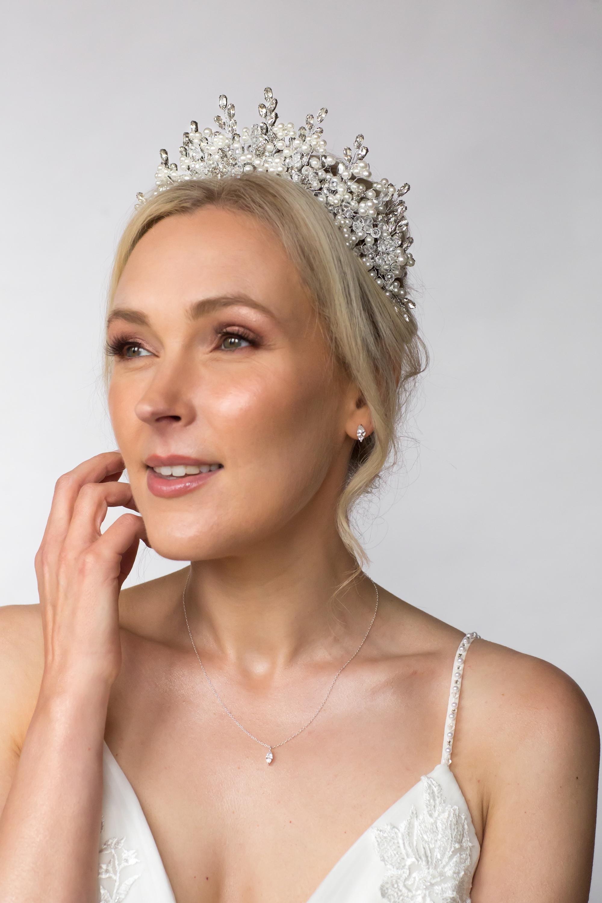 statement bridal crown with clusters of pearls and crystals 