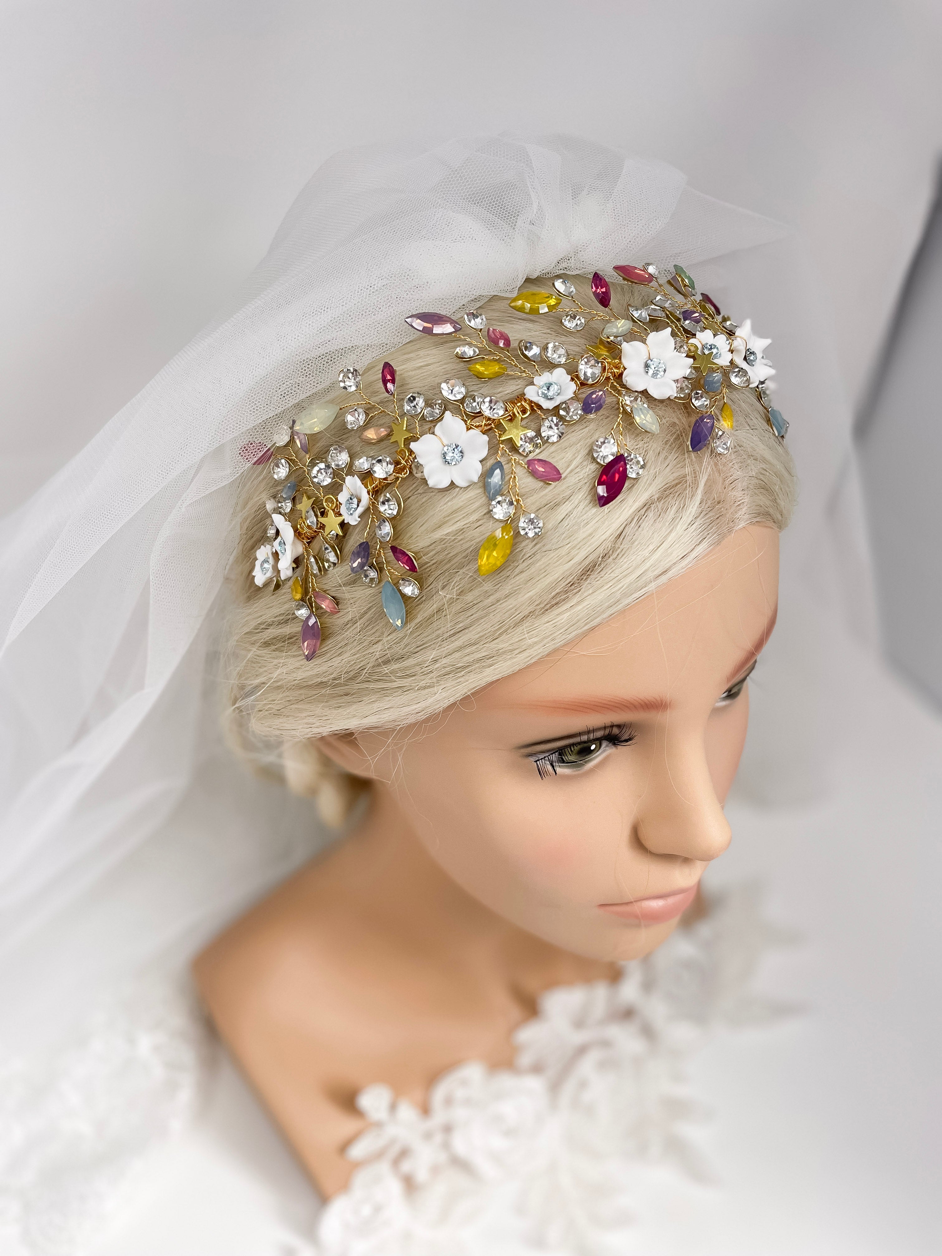 Rainbow Crystal and Clay Flower Headband