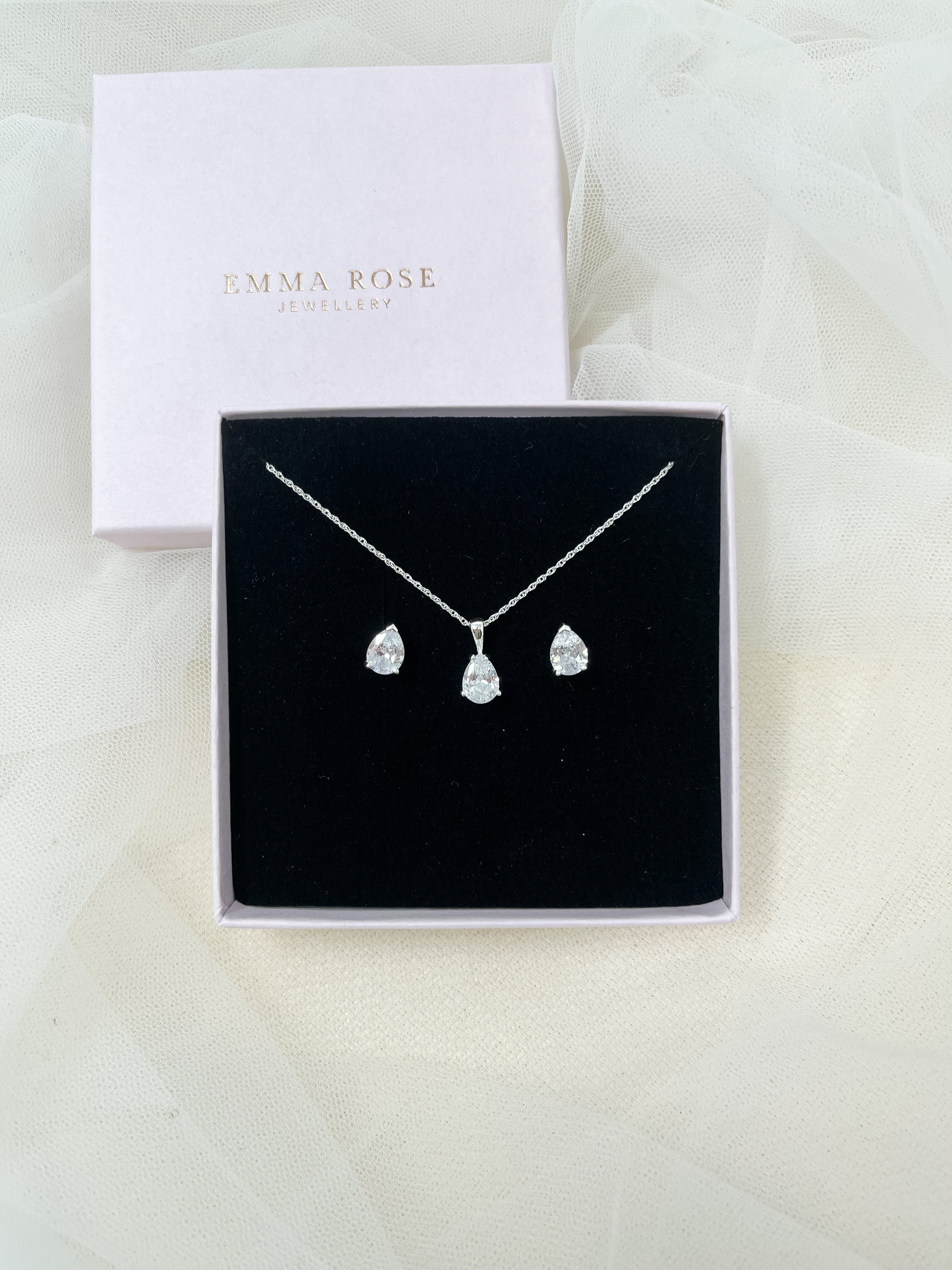 Sterling Silver Pear Stud Necklace Set