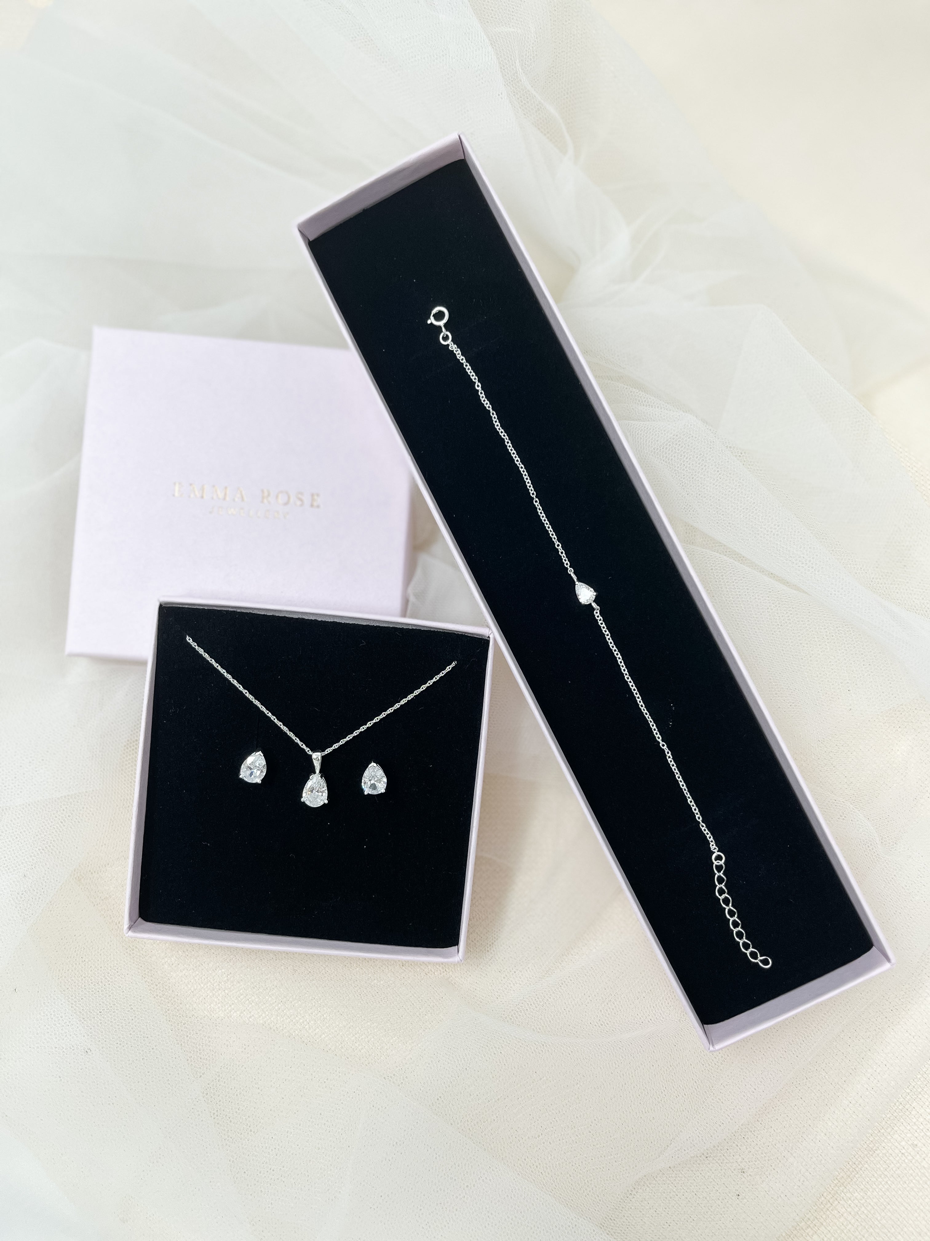 Sterling Silver Pear Stud Necklace Set