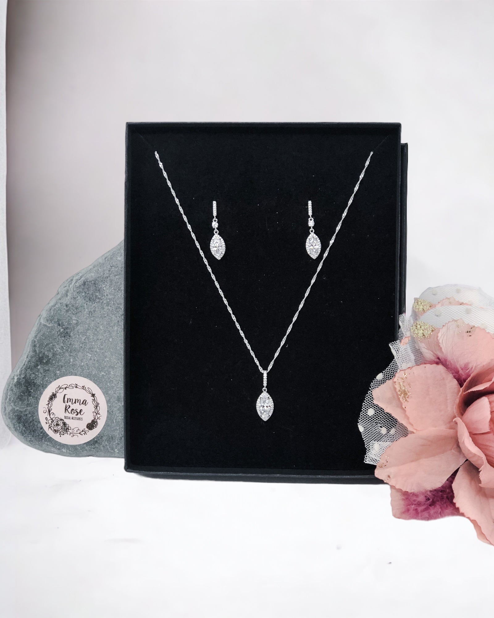 Sterling Silver Marquise Cut Drop Bridal Jewellery Set