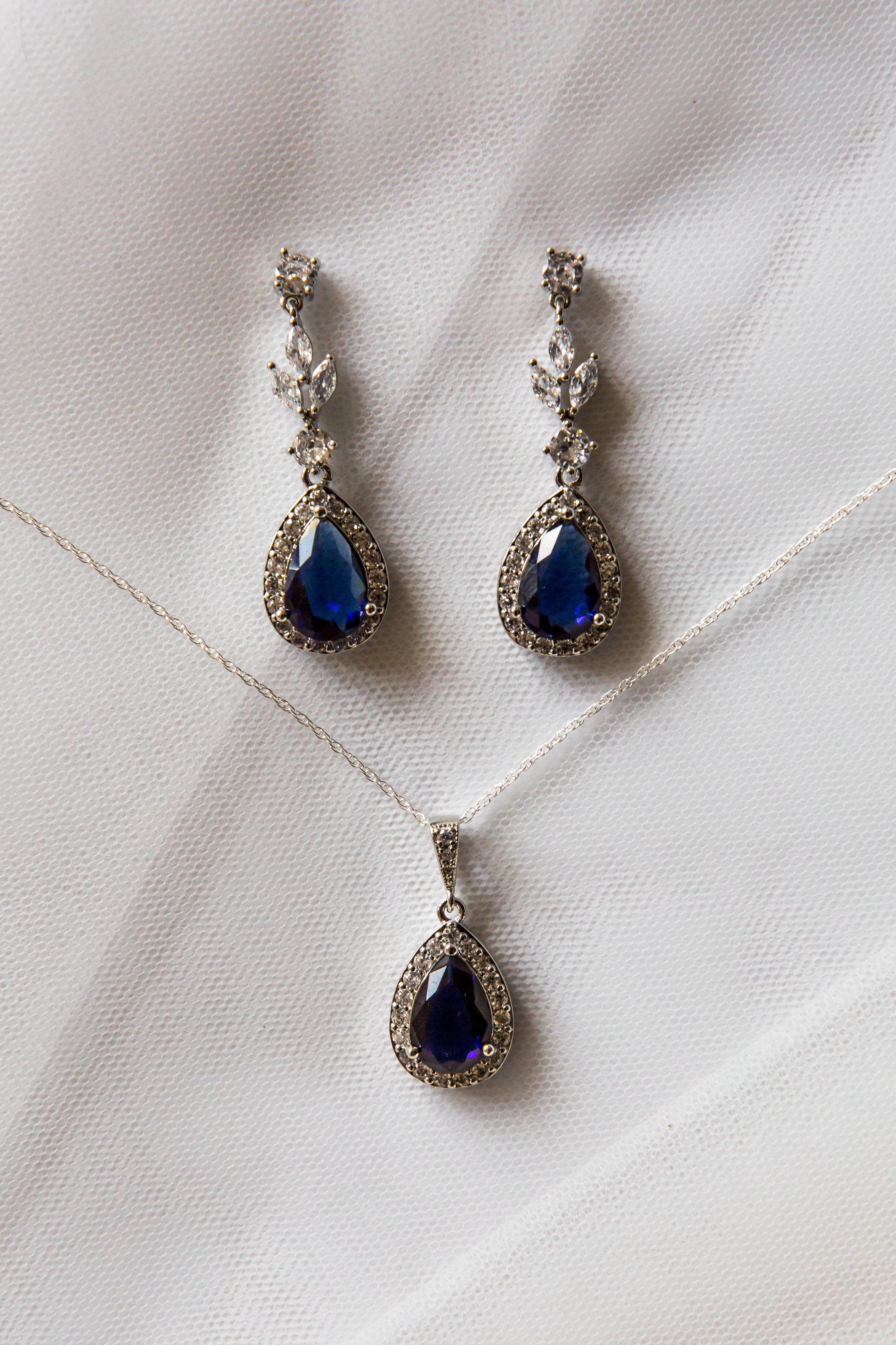 Blue Halo Drop Bridal Jewellery Set