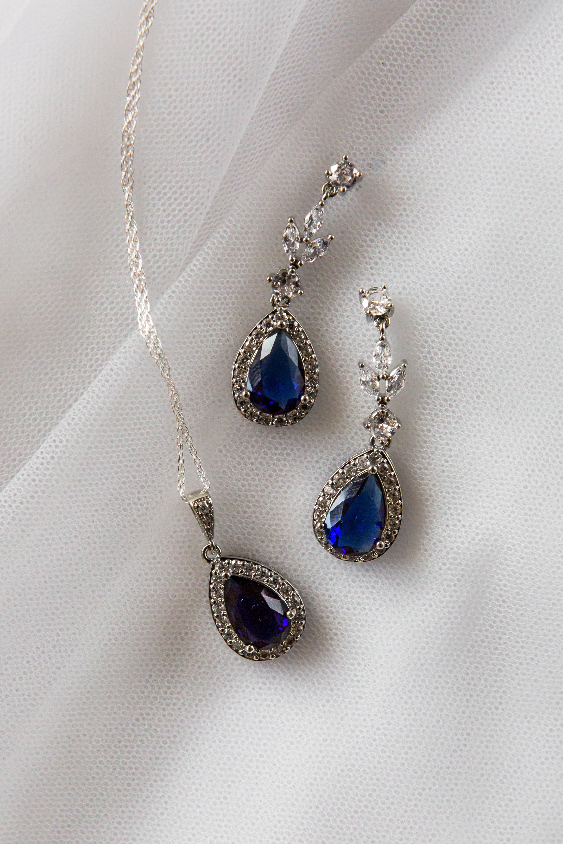 Blue Halo Drop Bridal Jewellery Set