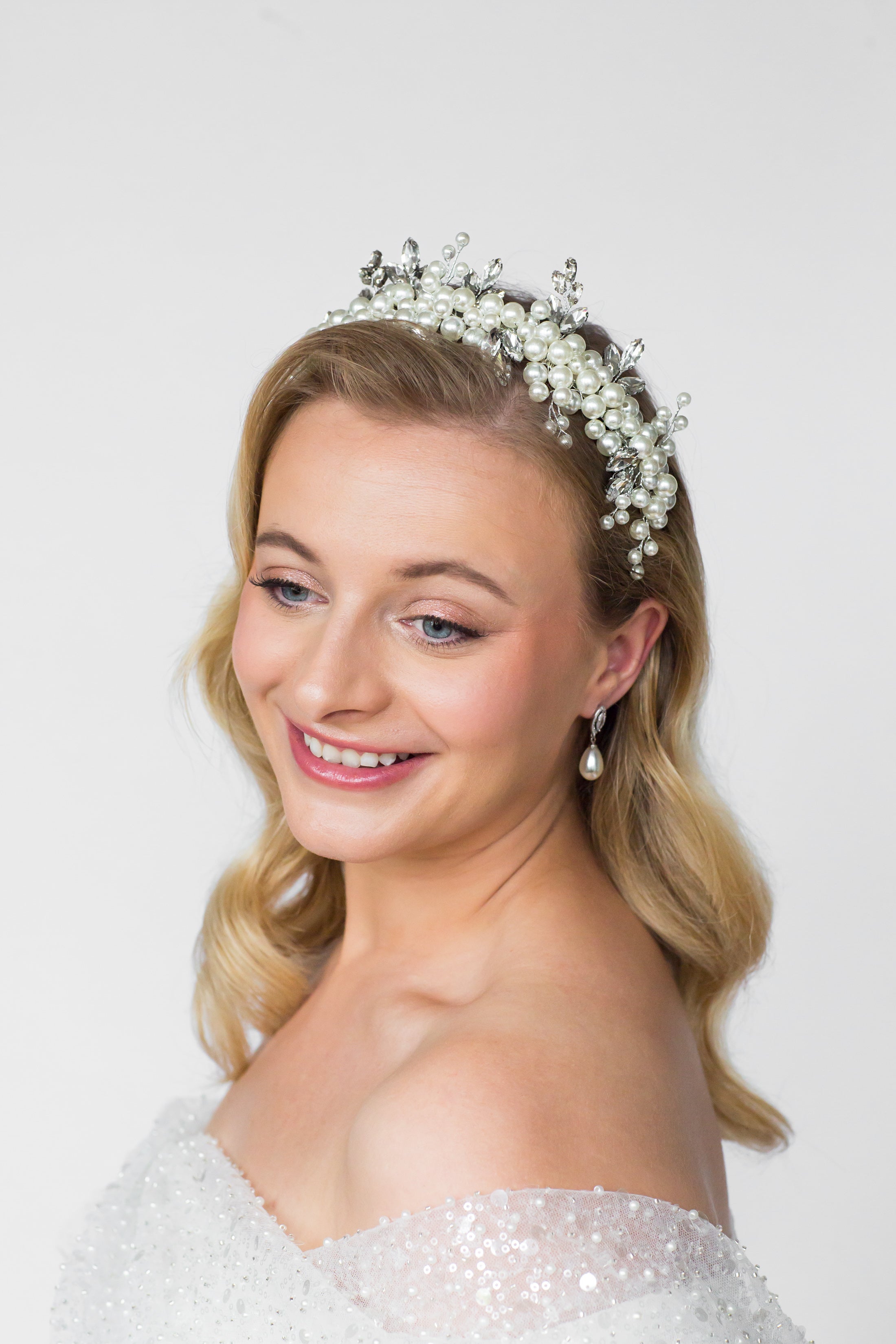 Cluster Pearl and Crystal Bridal Crown Tiara Headband