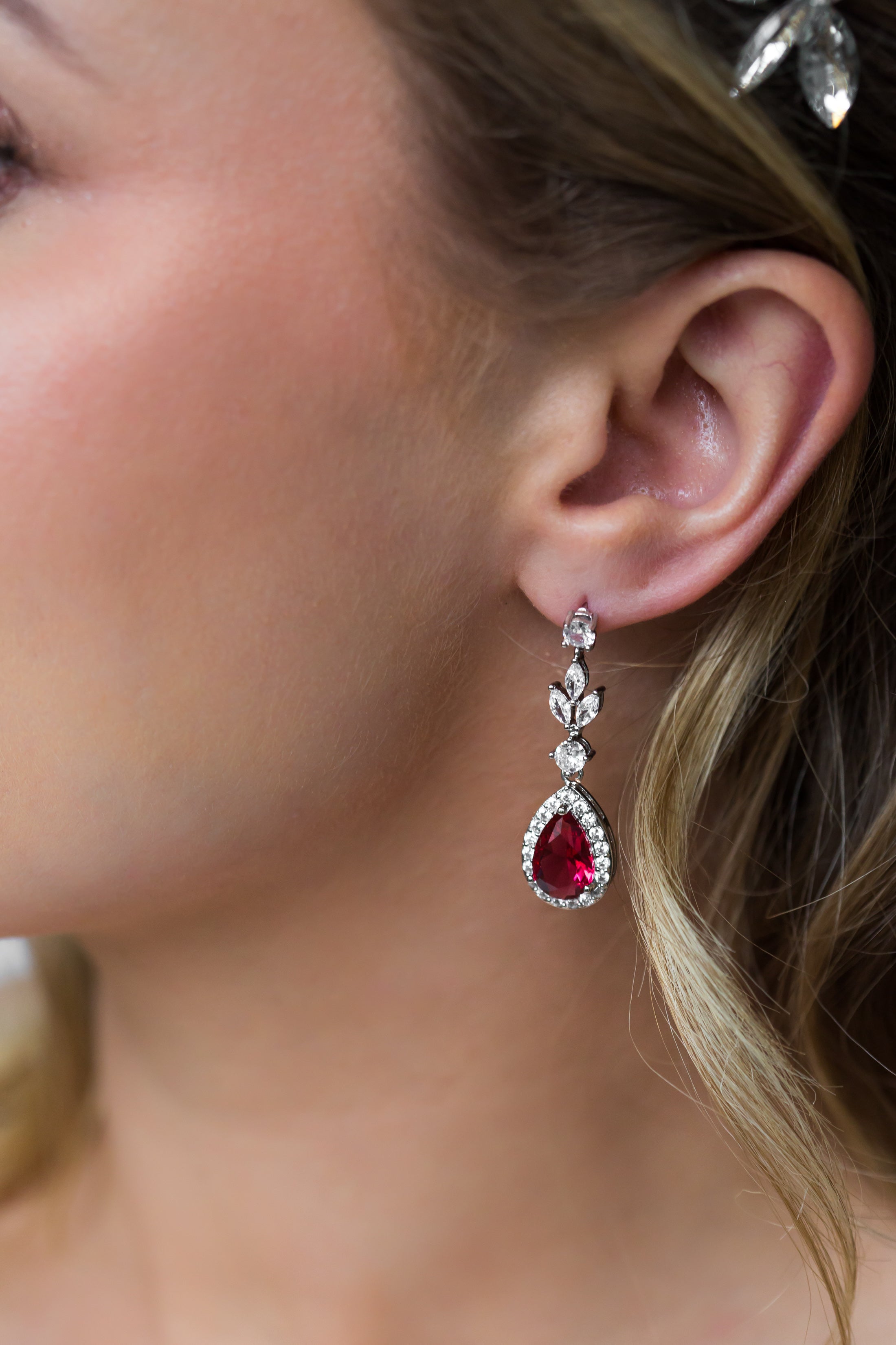Ruby Red Crystal Teardrop Bridal Jewellery Set