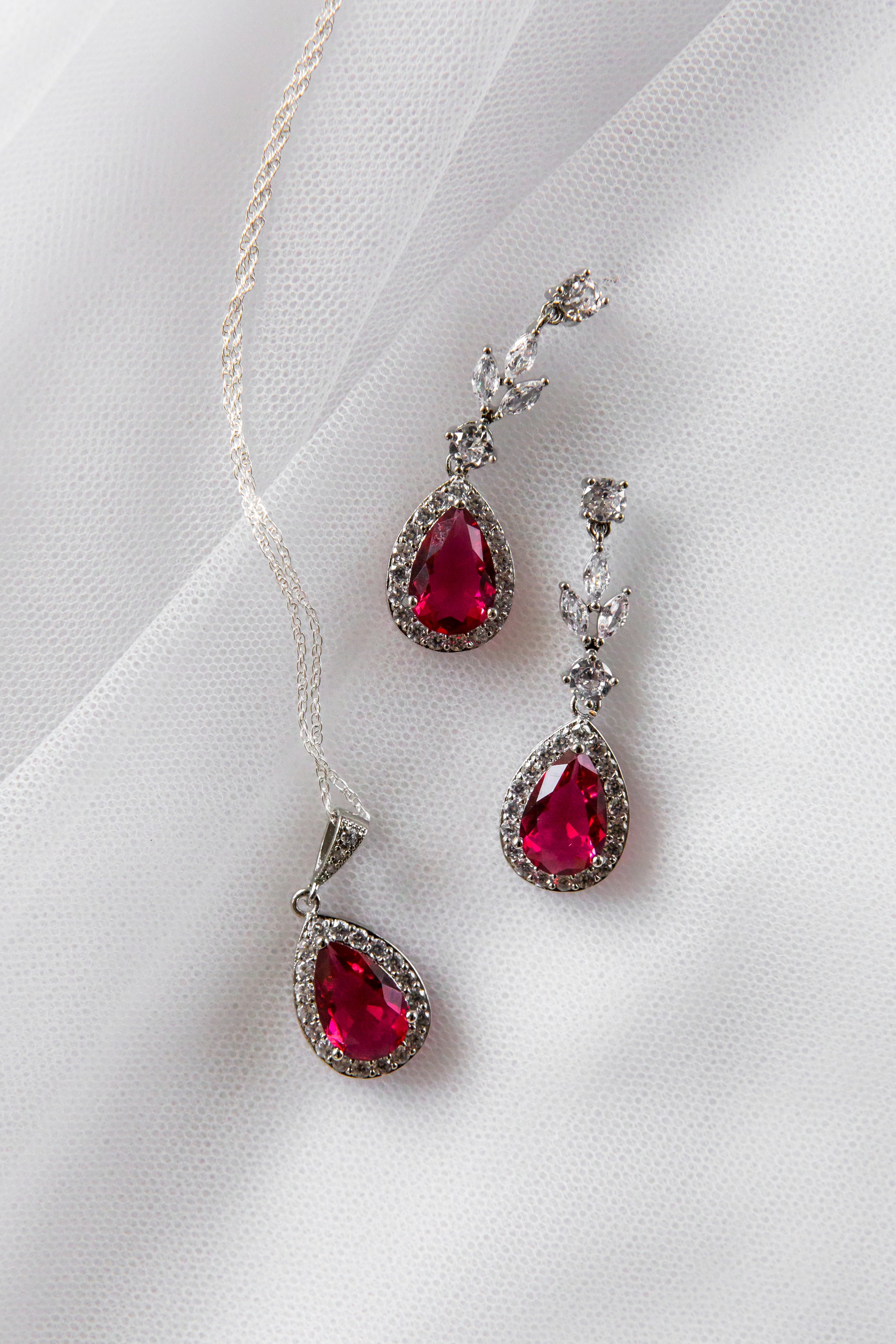 Ruby Red Crystal Teardrop Bridal Jewellery Set