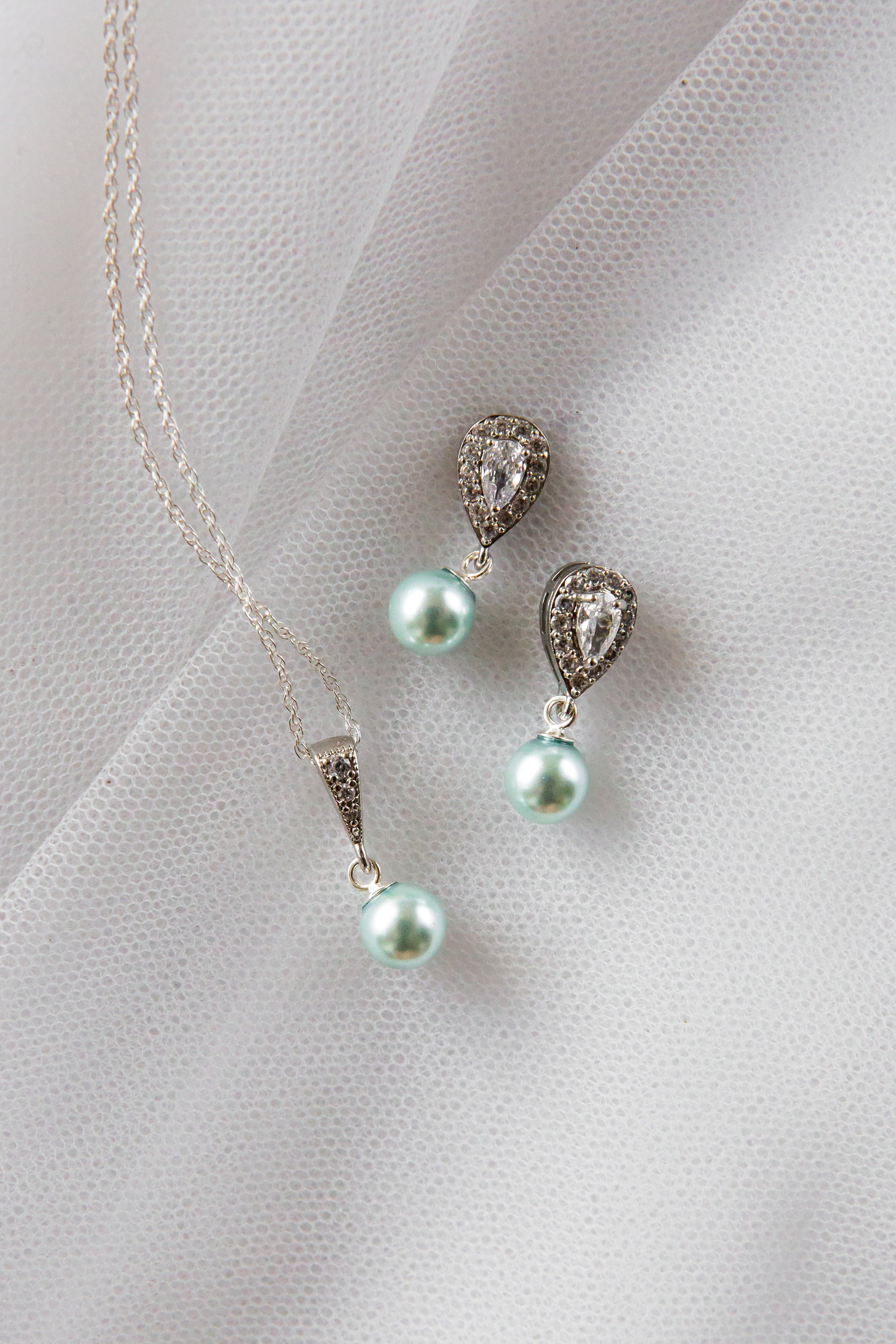Blue Delicate Pearl Drop Bridal Jewellery Set