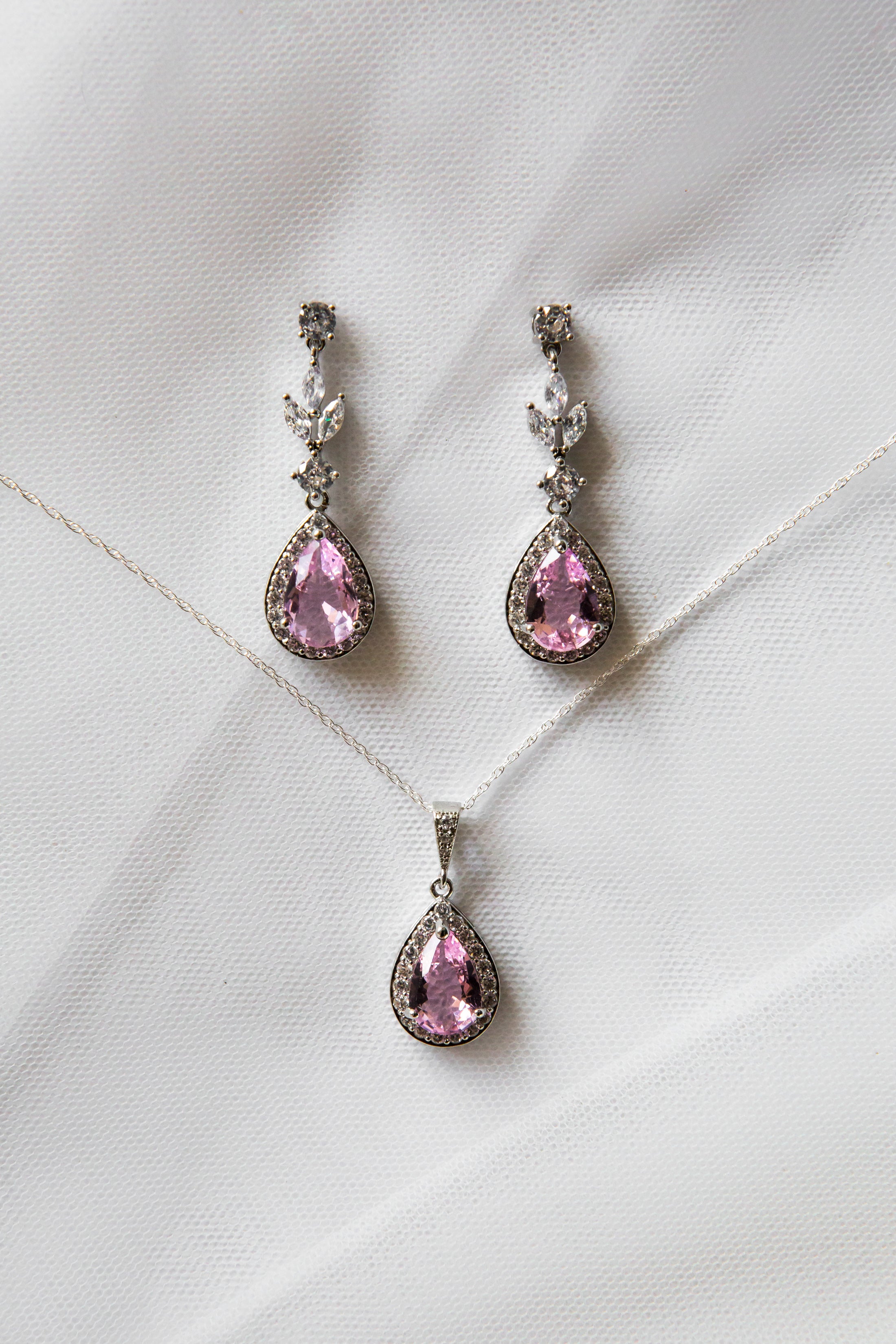 Pink Crystal Teardrop Bridal Jewellery Set