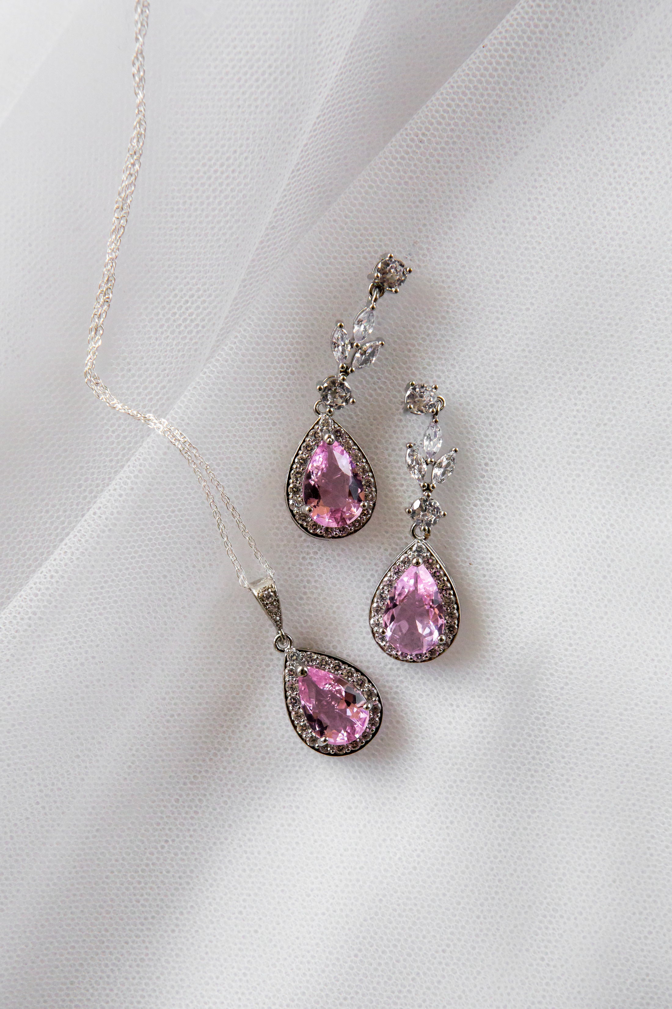 Pink Crystal Teardrop Bridal Jewellery Set