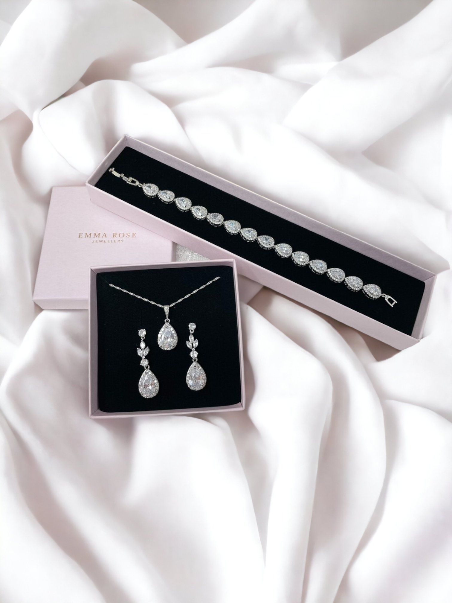 Halo Earring, Necklace and Bracelet Bridal Jewellery Set