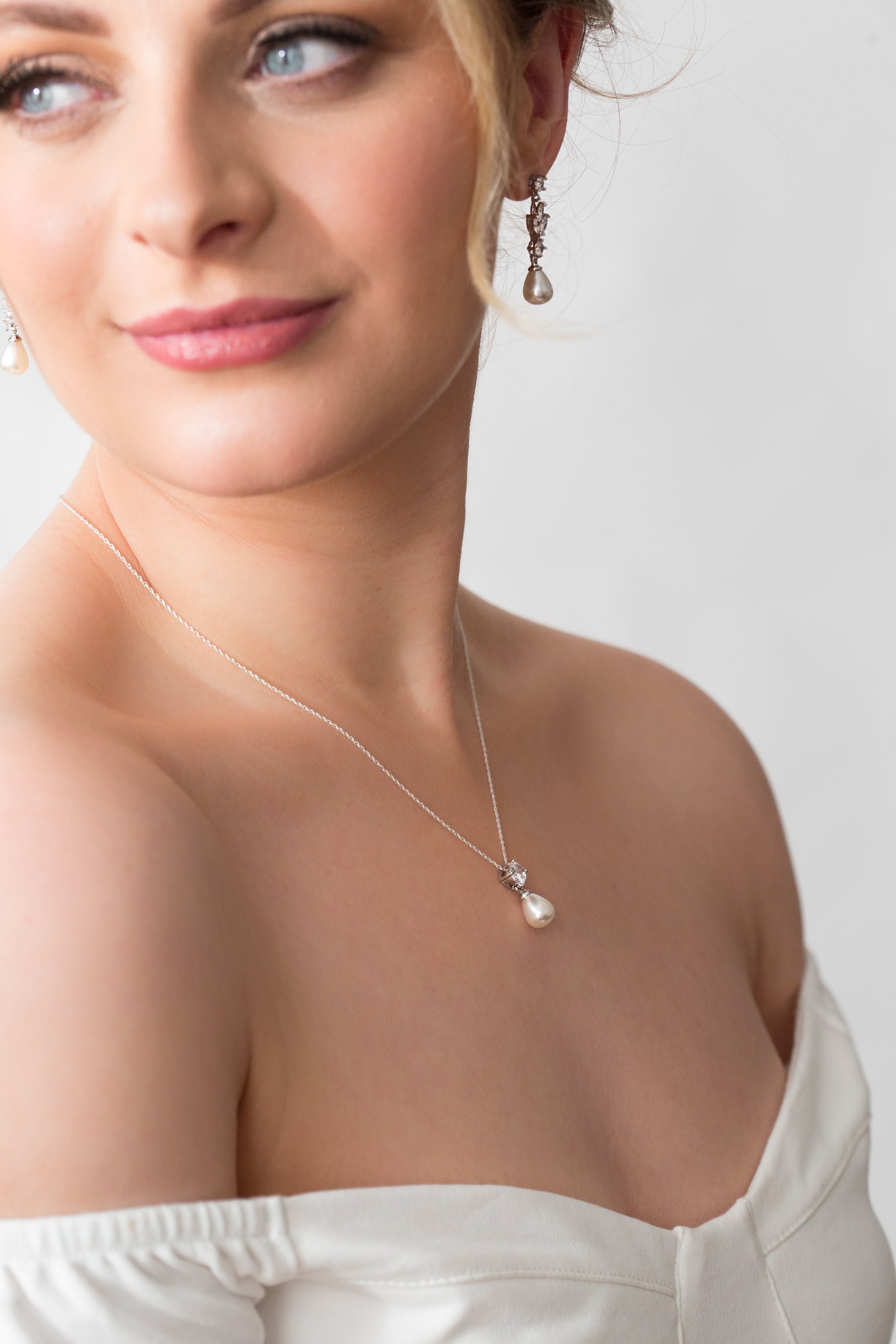 Long Pearl Drop Earring, Necklace and Bracelet Bridal Jewellery Set