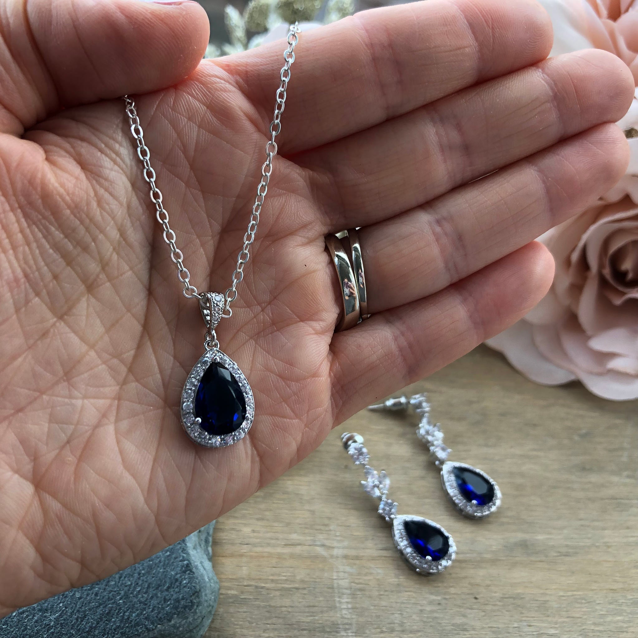 Sparkly Blue Cubic Zirconia Teardrop Necklace and Earring Set