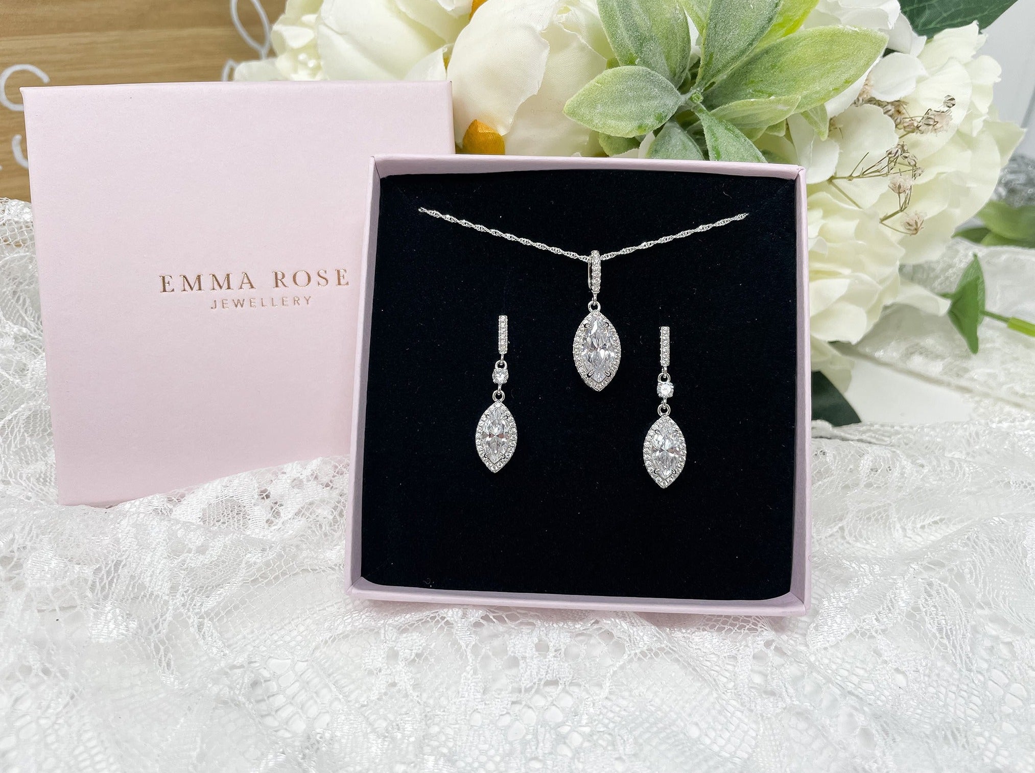 Sterling Silver Marquise Cut Drop Bridal Jewellery Set