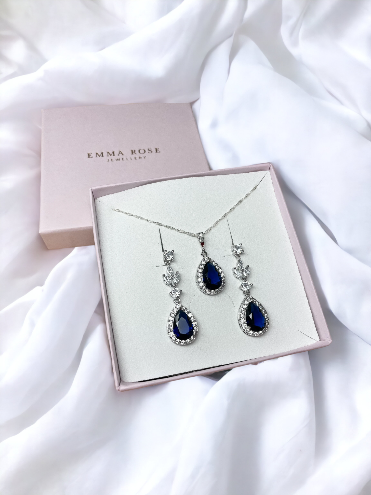 Sparkly Blue Cubic Zirconia Teardrop Necklace and Earring Set