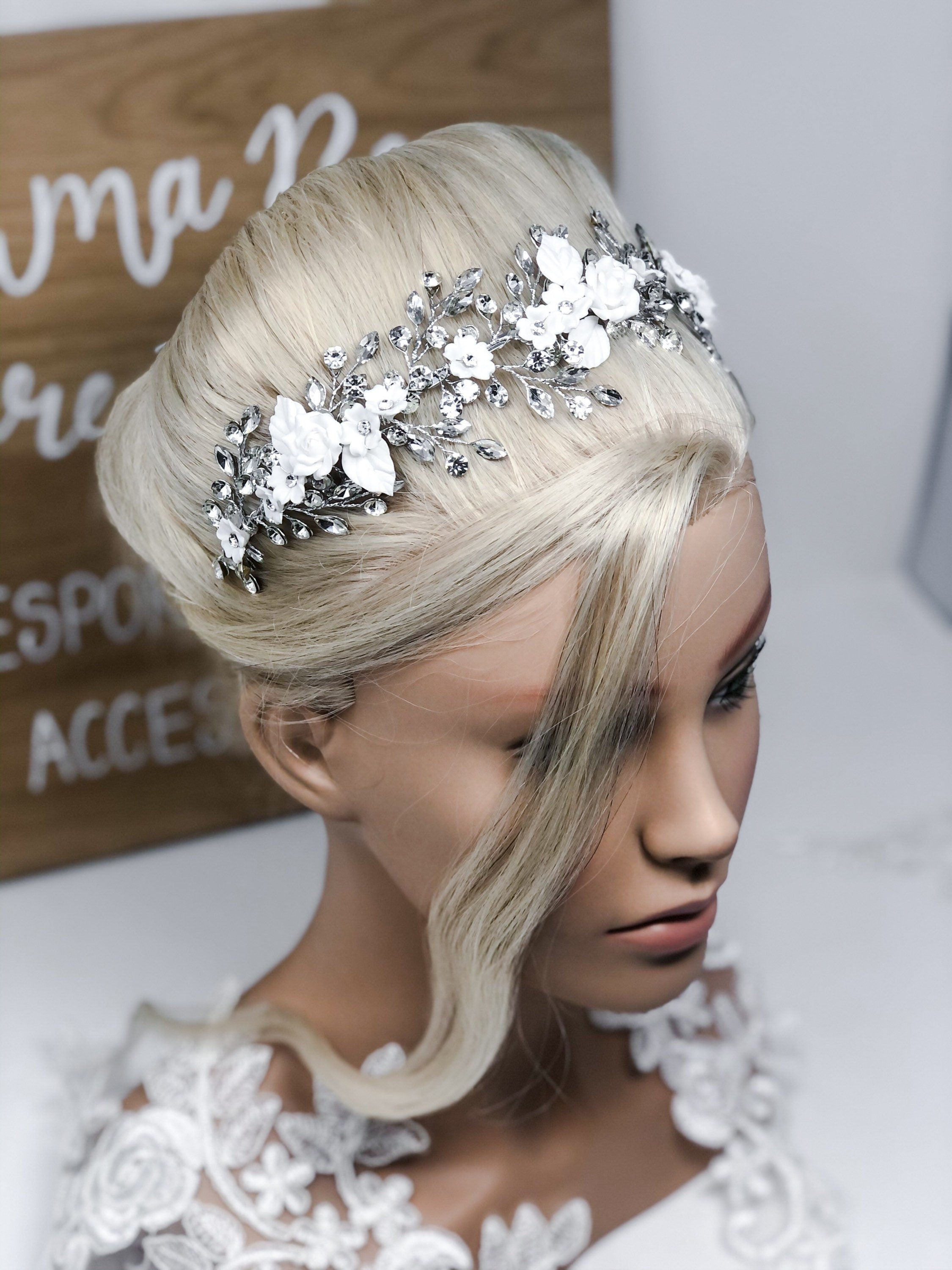 Bridal Crystal Clay Flower Delicate Statement Headpiece