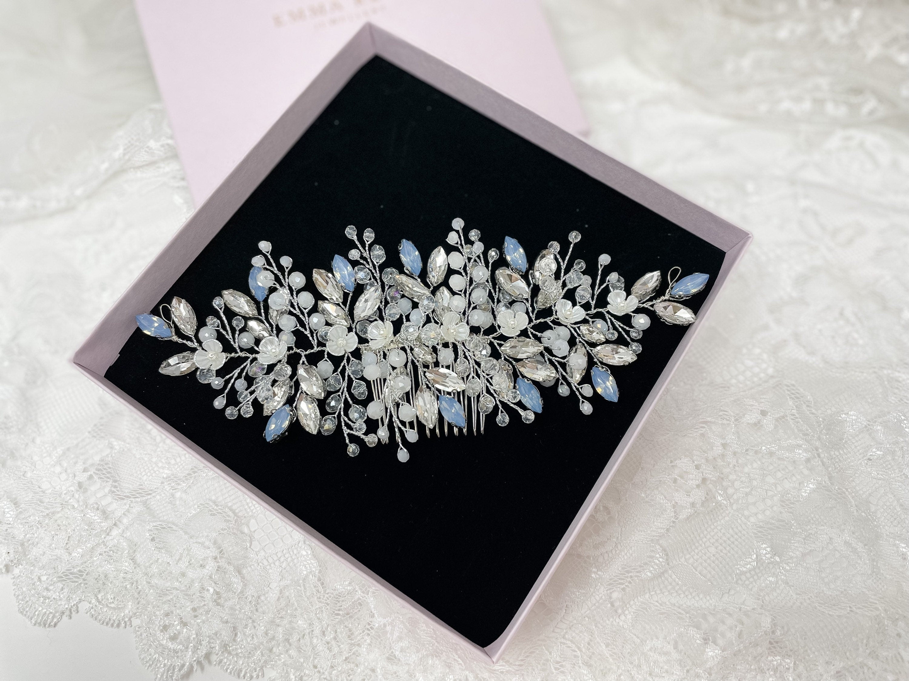 Large Sparkly Silver Blue Opal Crystal Hair Comb - Hair Vine - Bridal Hair Piece | Statement Hair Comb | Bride Comb