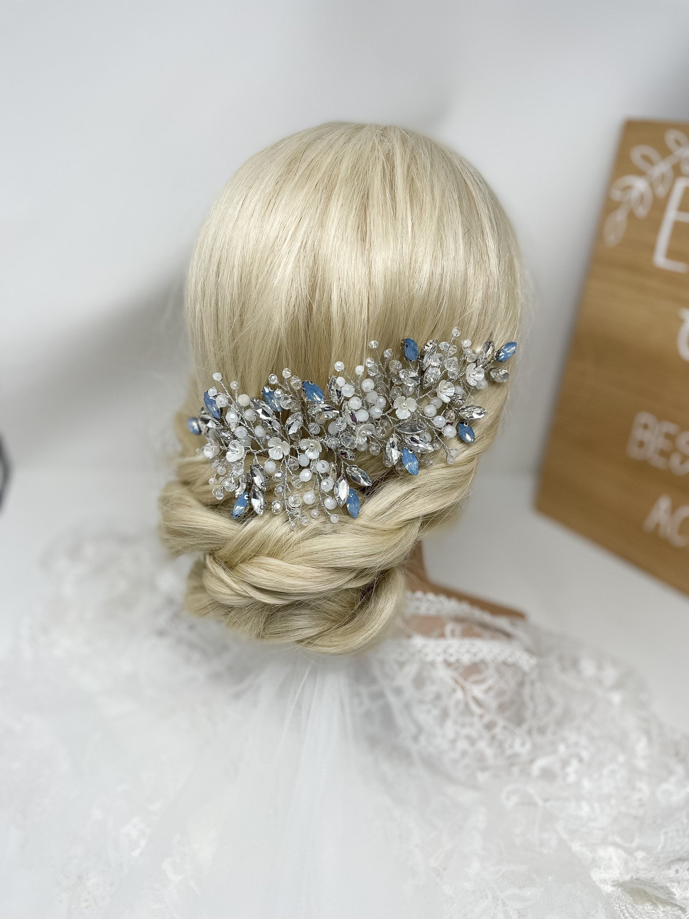 Large Sparkly Silver Blue Opal Crystal Hair Comb - Hair Vine - Bridal Hair Piece | Statement Hair Comb | Bride Comb