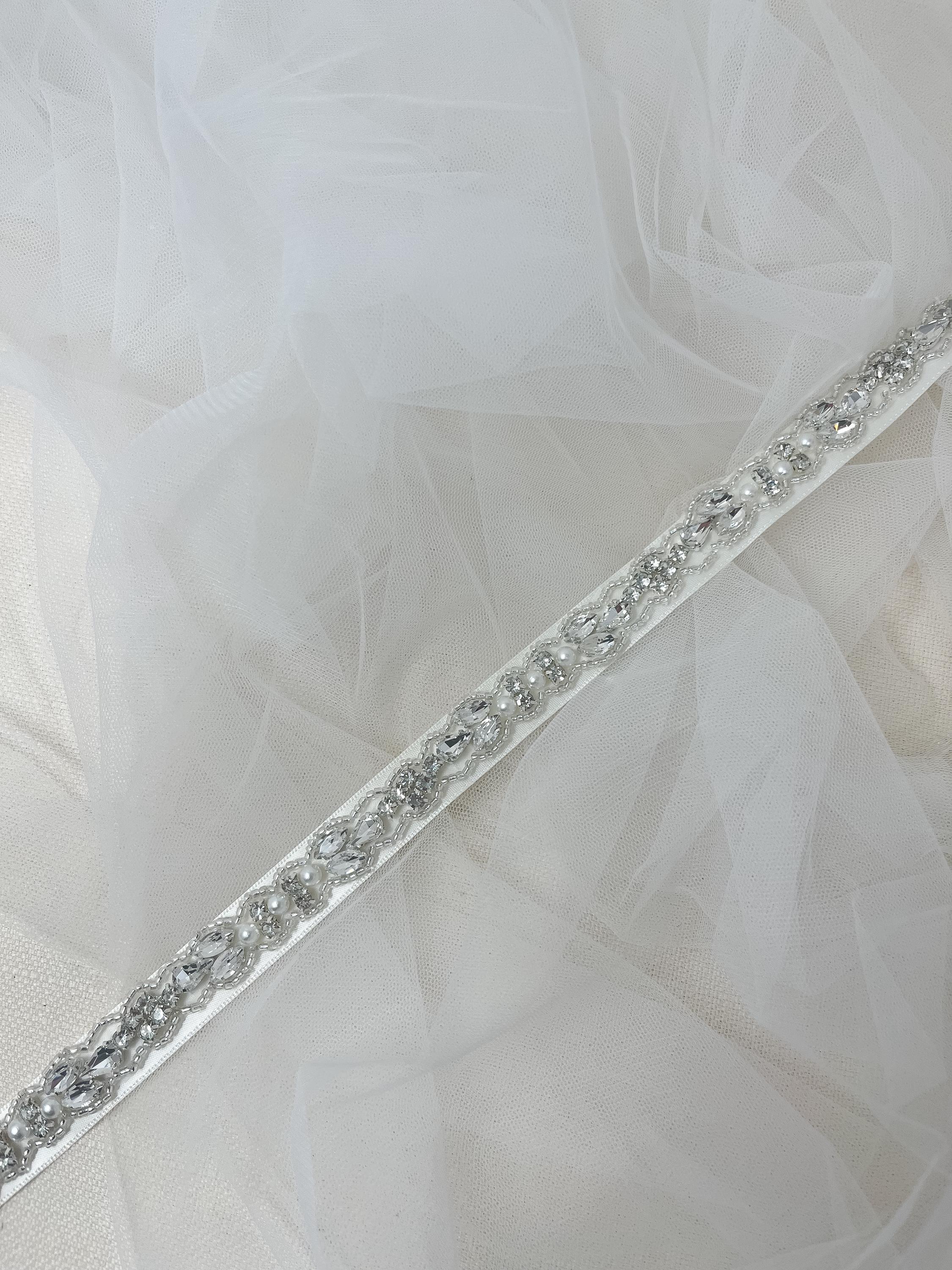 Thin Bridal Belt - Crystal Pearl Beaded Wedding Sash - Bridam Accessories