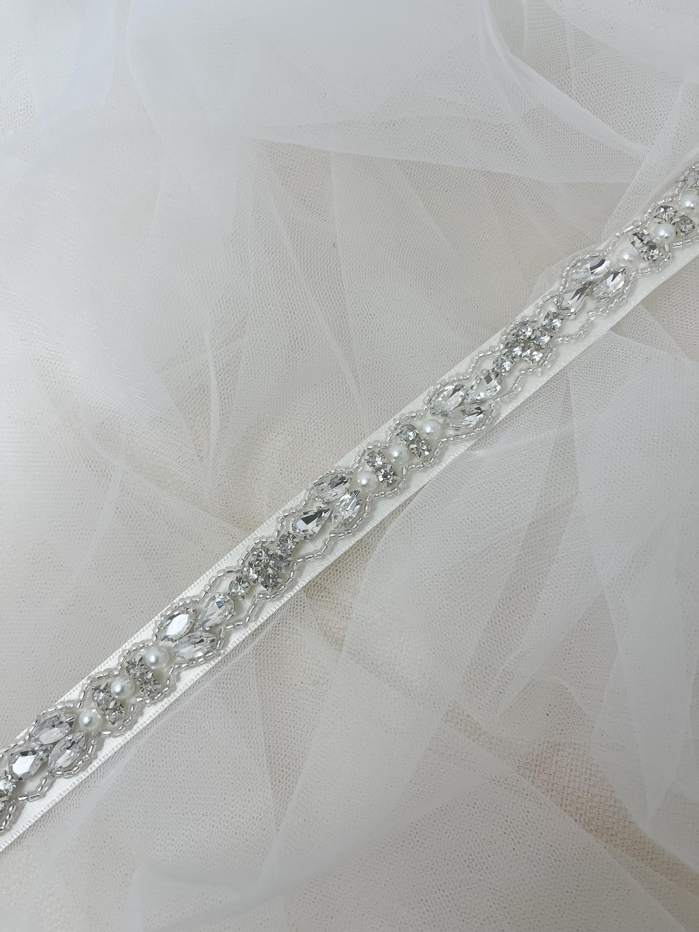 Thin Bridal Belt - Crystal Pearl Beaded Wedding Sash - Bridam Accessories