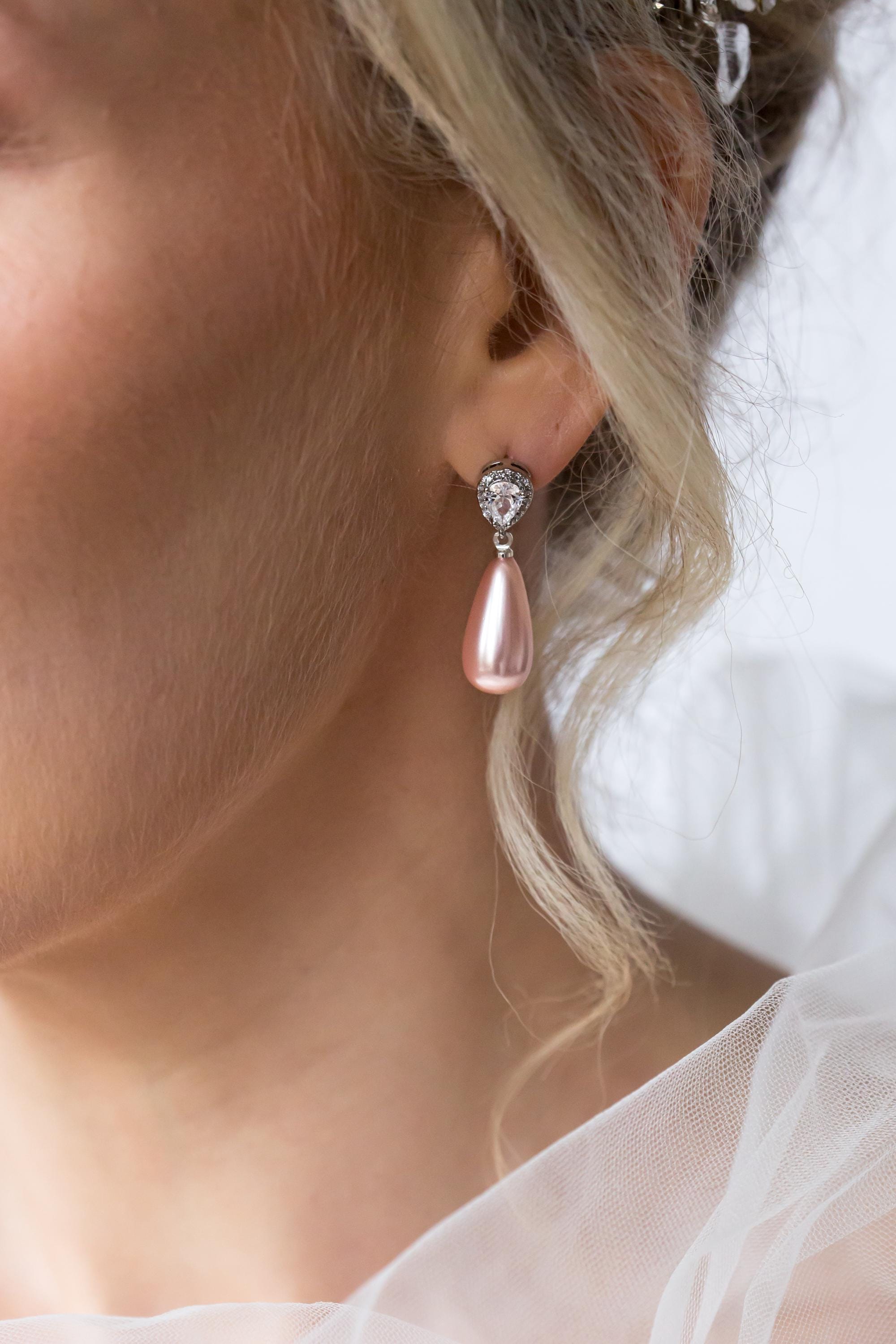 Light Pink Pearl Drop Earrings - Wedding Earrings - Bridal Earrings - Teardrop Pearl Earrings - Wedding Jewellery - Baby Pink - Birthday