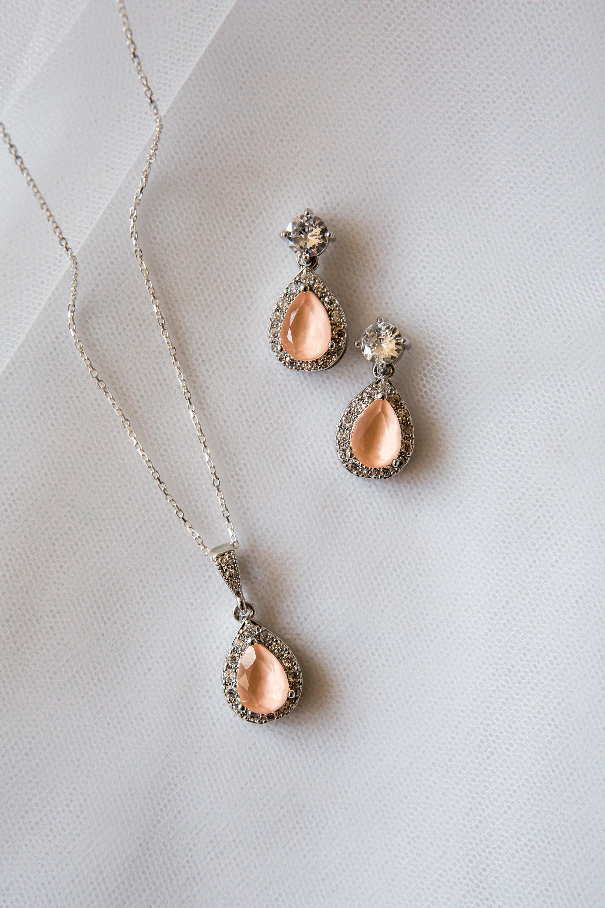 Peach Crystal Jewellery Set | Wedding Jewellery | Drop Earring | Necklace | Bridesmaid Gift | Bride