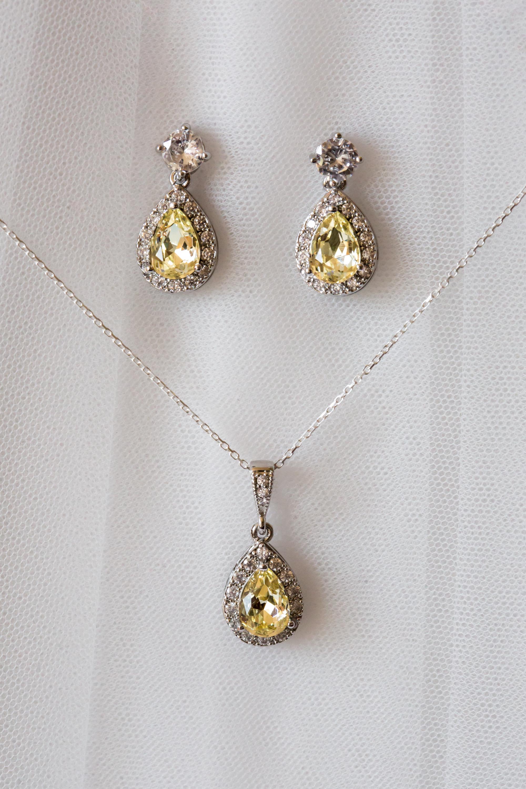 Yellow Crystal Jewellery Set | Wedding Jewellery | Drop Earring | Necklace | Bridesmaid Gift | Bride