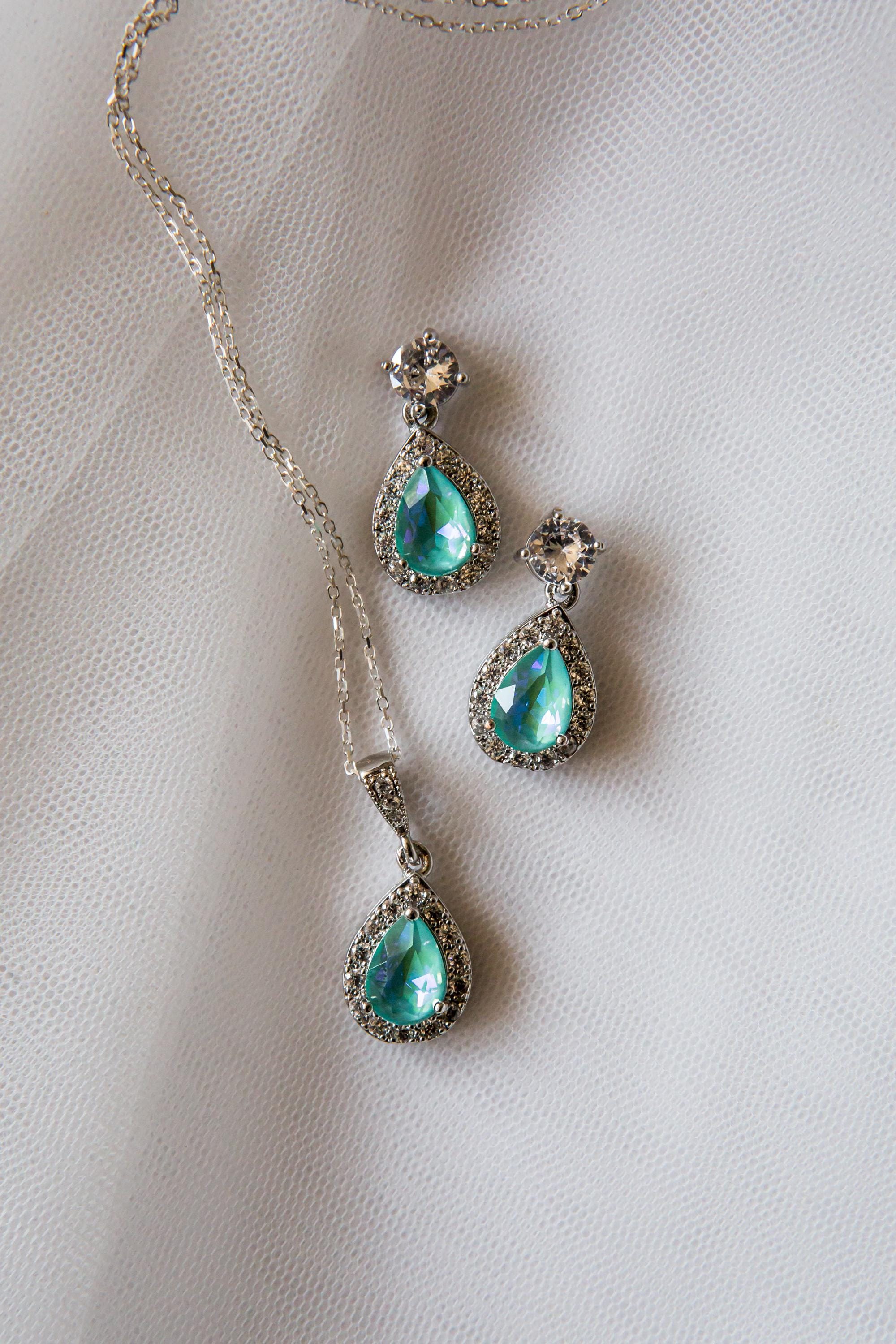 Aqua Blue Crystal Jewellery Set | Wedding Jewellery | Drop Earring | Necklace | Bridesmaid Gift | Bride