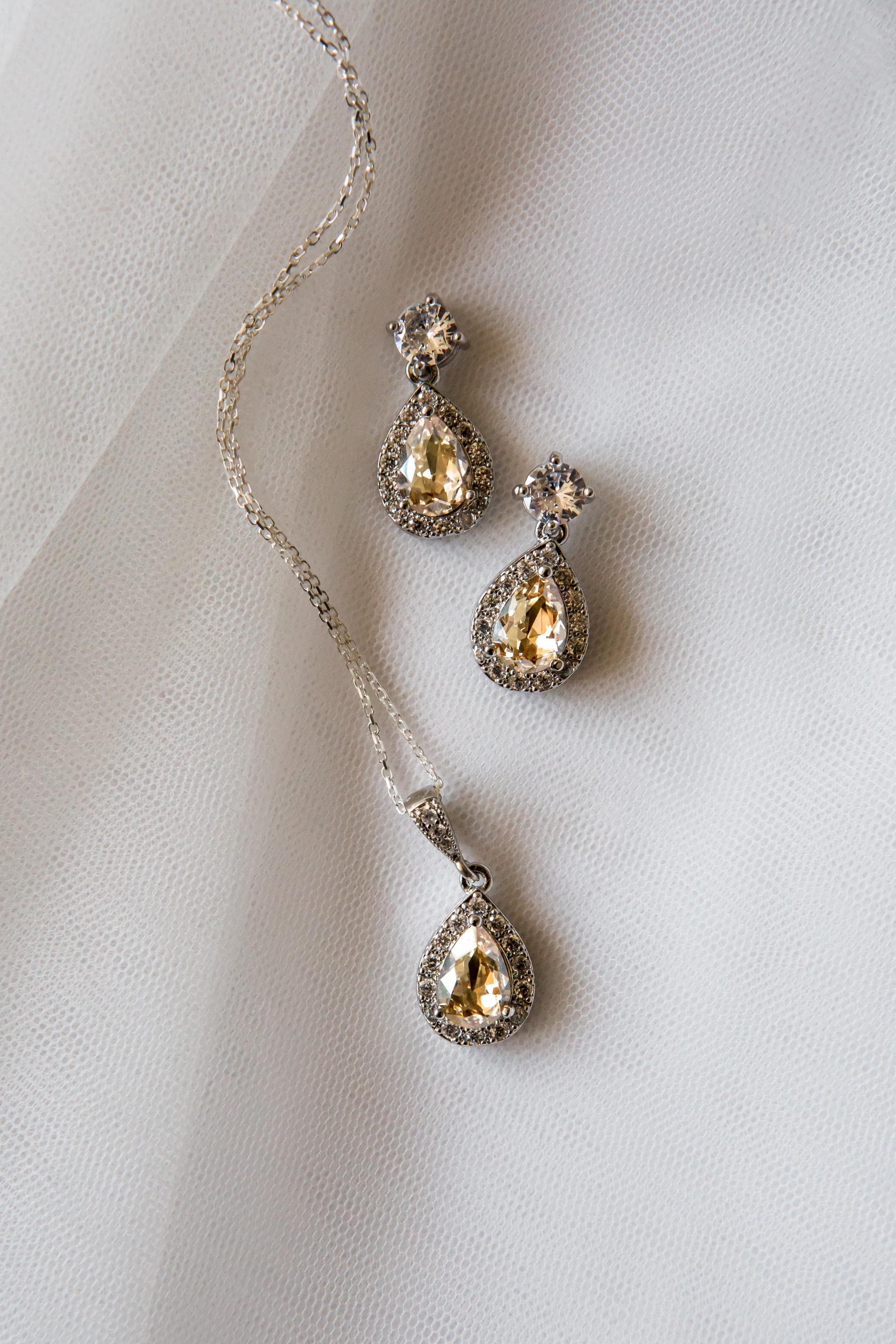 Champagne Yellow Crystal Jewellery Set | Wedding Jewellery | Drop Earring | Necklace | Bridesmaid Gift | Bride