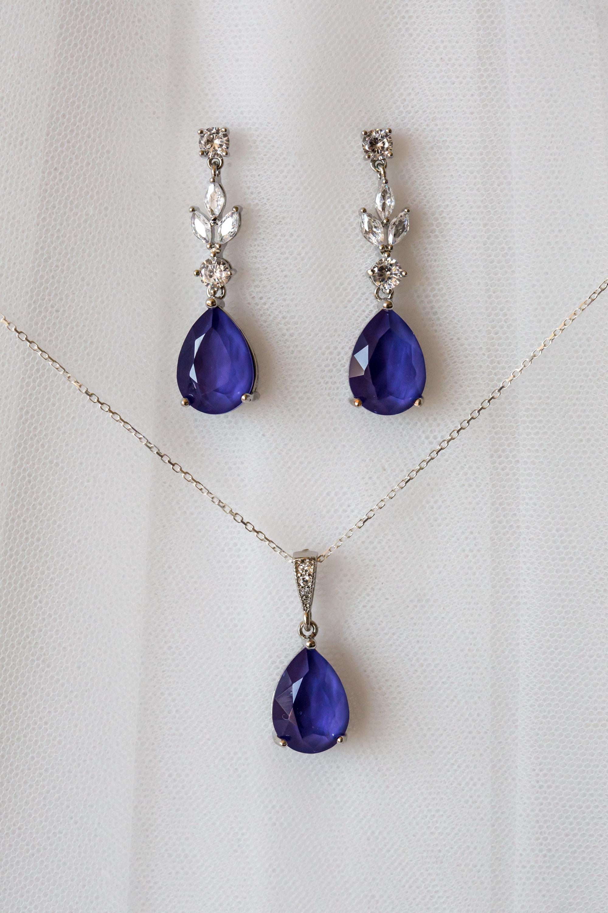 Purple Amethyst Bridal Jewellery Set - Wedding Drop Earring Pendant Set - Cadbury Purple | Bridesmaid Earrings