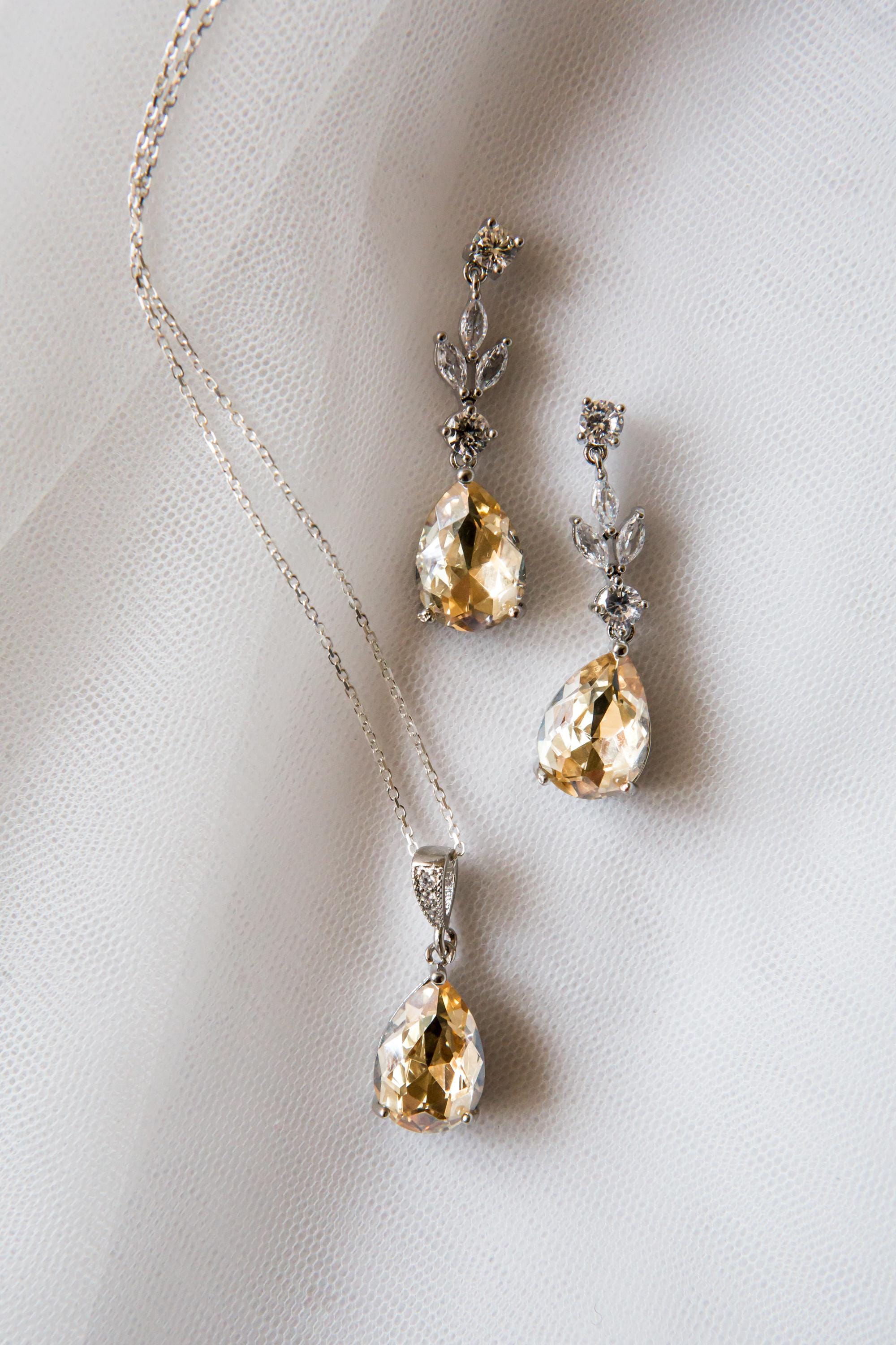 Champagne Bridal Jewellery Set - Wedding Drop Earring Pendant Set | Bridesmaid Earrings