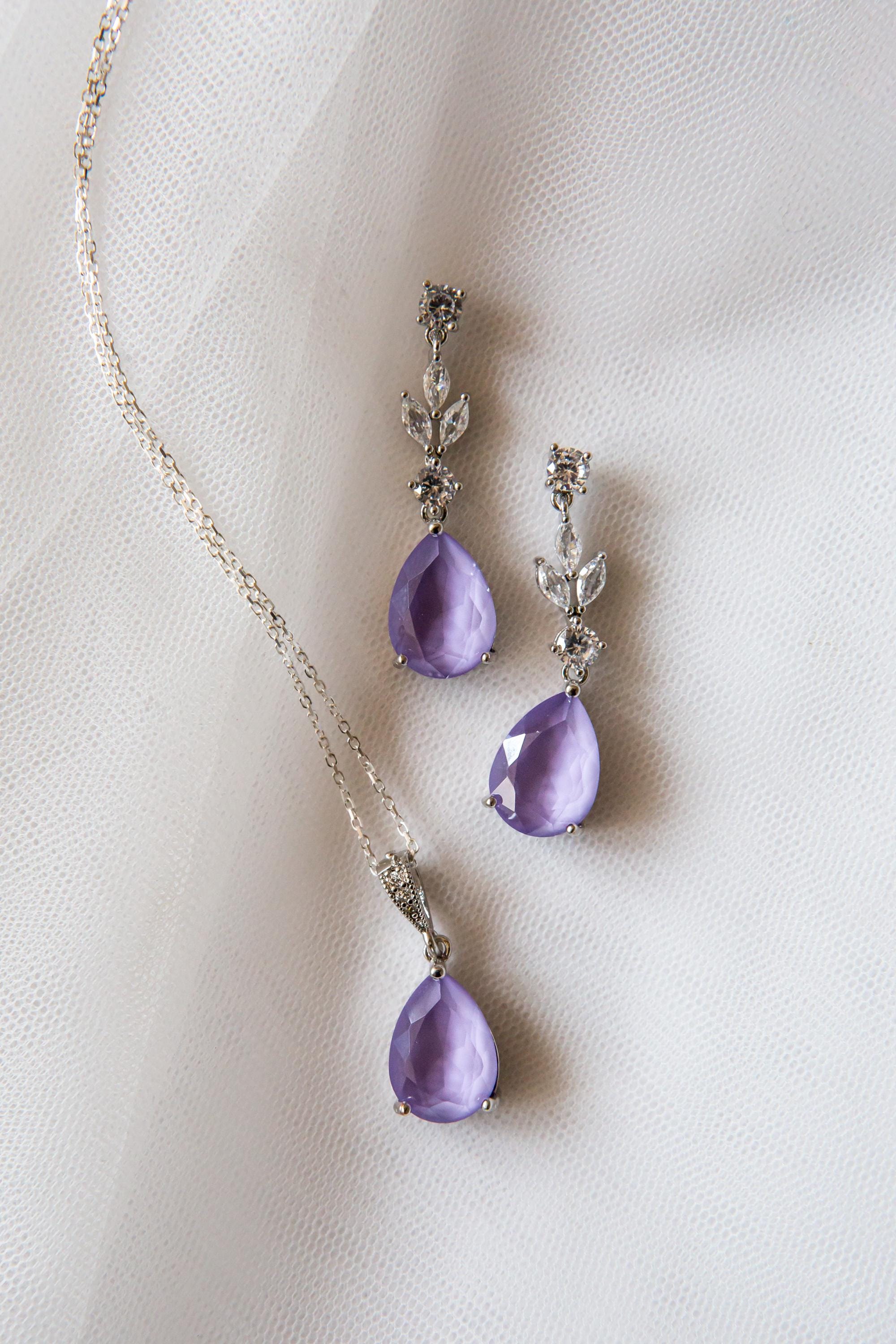 Lilac Bridal Jewellery Set - Wedding Drop Earring Pendant Set | Bridesmaid Earrings