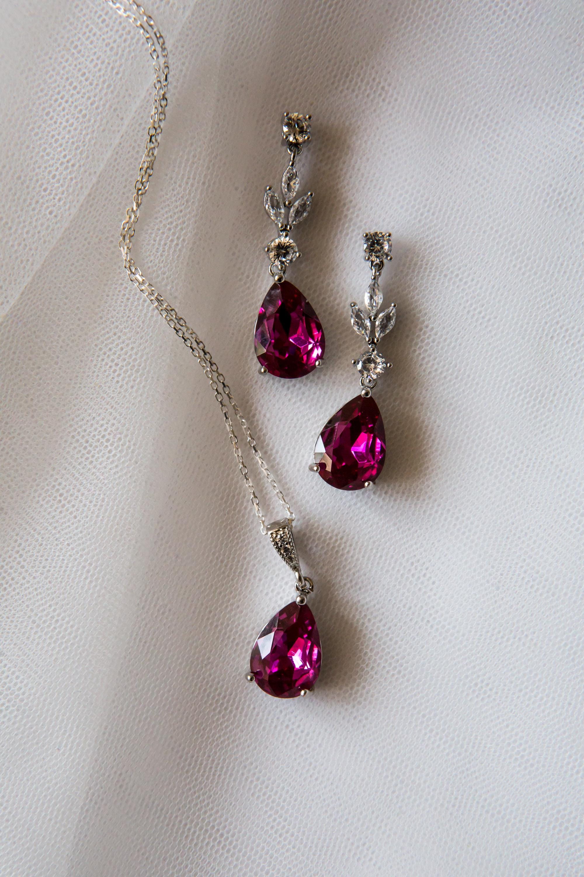Indian Pink Bridal Jewellery Set - Wedding Drop Earring Pendant Set | Bridesmaid Earrings