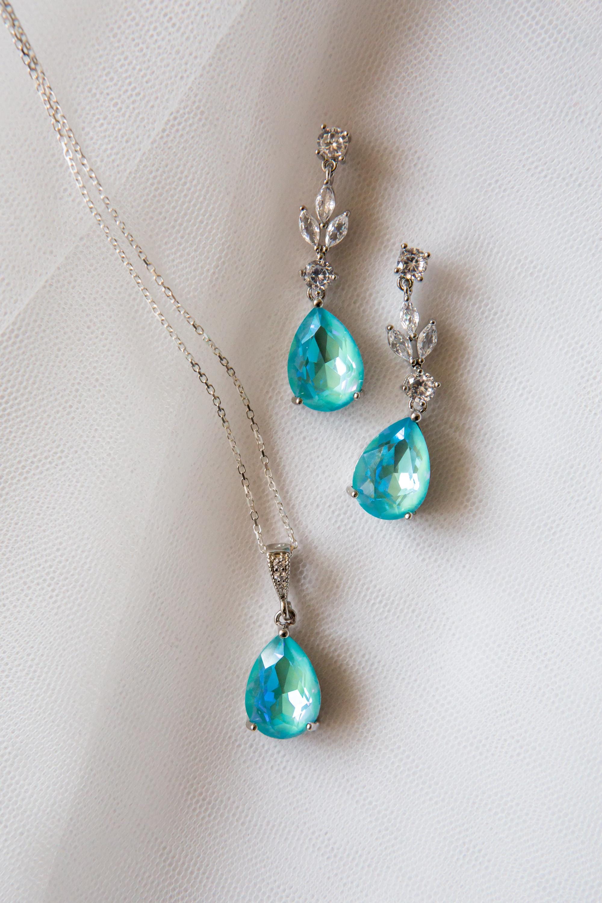 Aqua Sea Blue Bridal Jewellery Set - Wedding Drop Earring Pendant Set | Bridesmaid Earrings