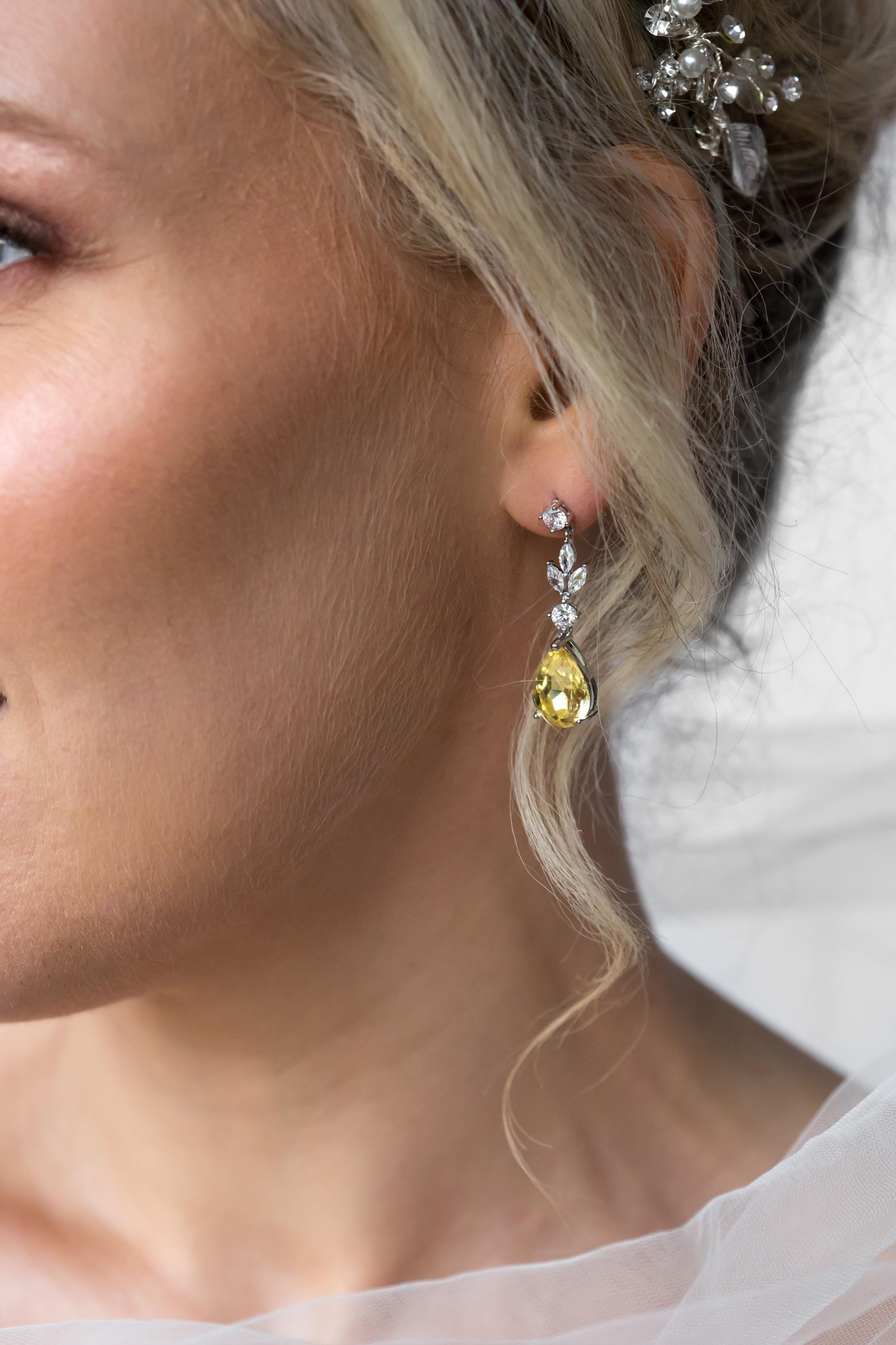 Yellow Bridal Jewellery Set - Wedding Drop Earring Pendant Set | Bridesmaid Earrings | Citrine