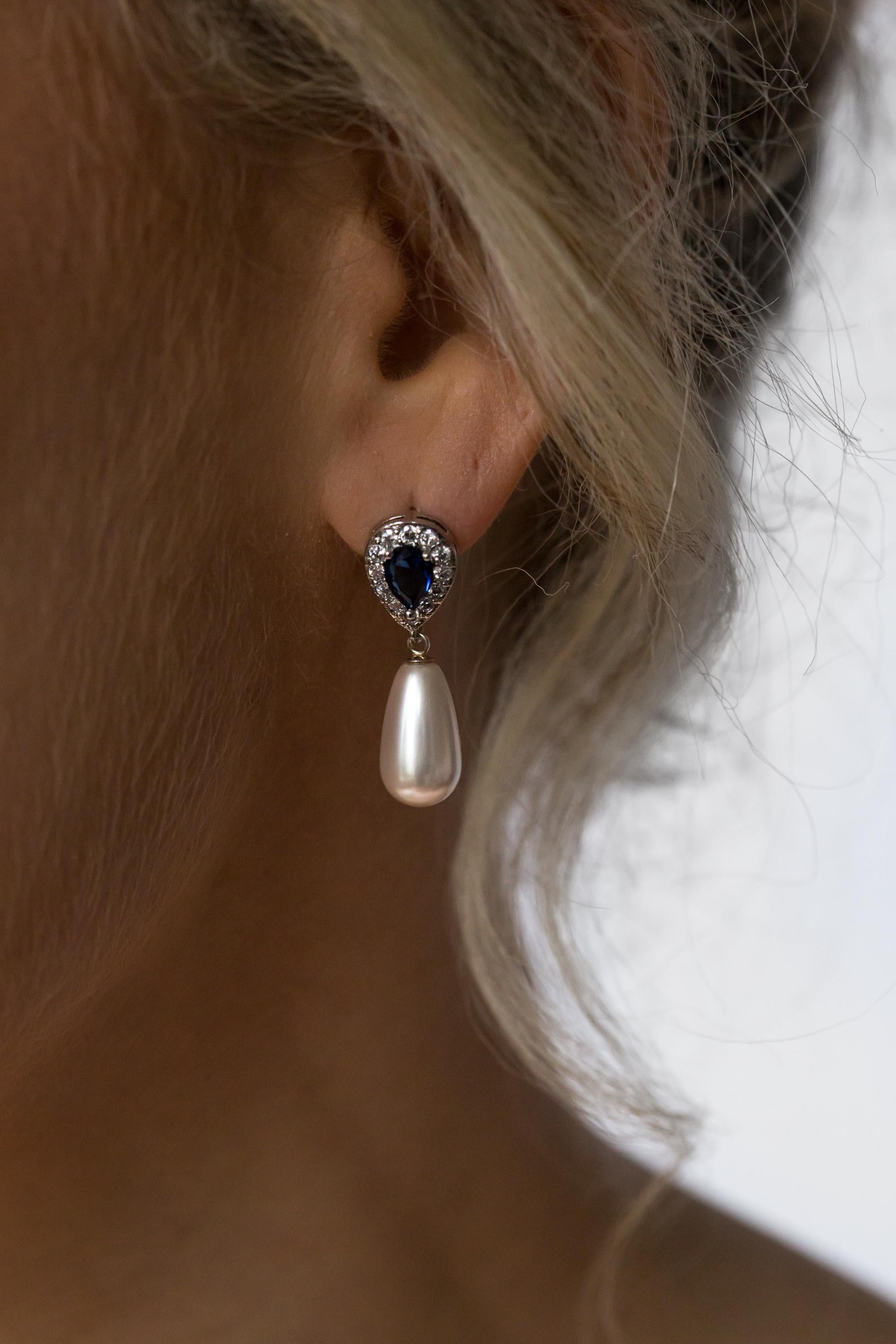 Sapphire and Pearl Earrings | Drop earrings Pendant Set | Bridal Jewellery | Wedding Jewellery | Bridal Earrings | Gift