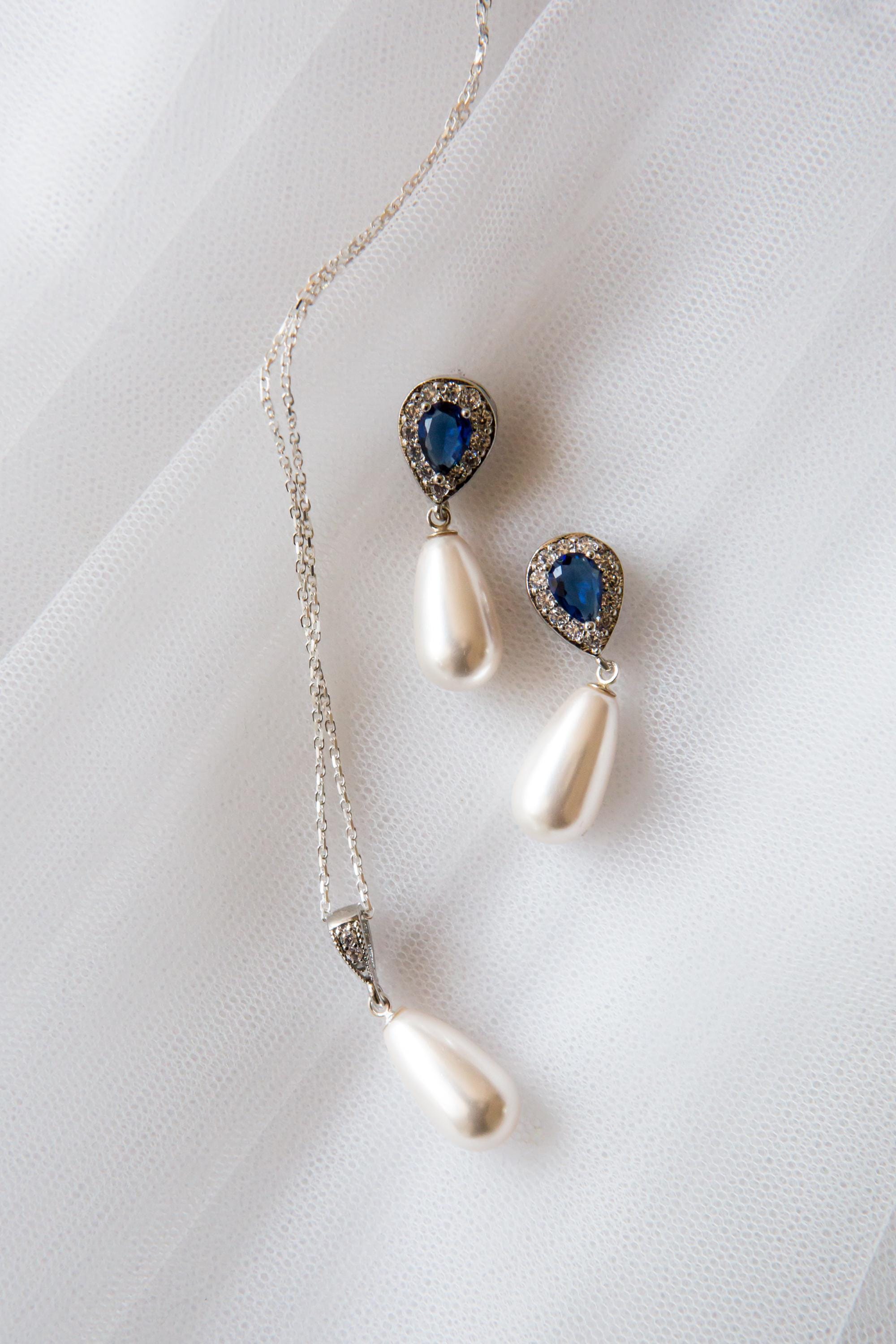 Sapphire and Pearl Earrings | Drop earrings Pendant Set | Bridal Jewellery | Wedding Jewellery | Bridal Earrings | Gift