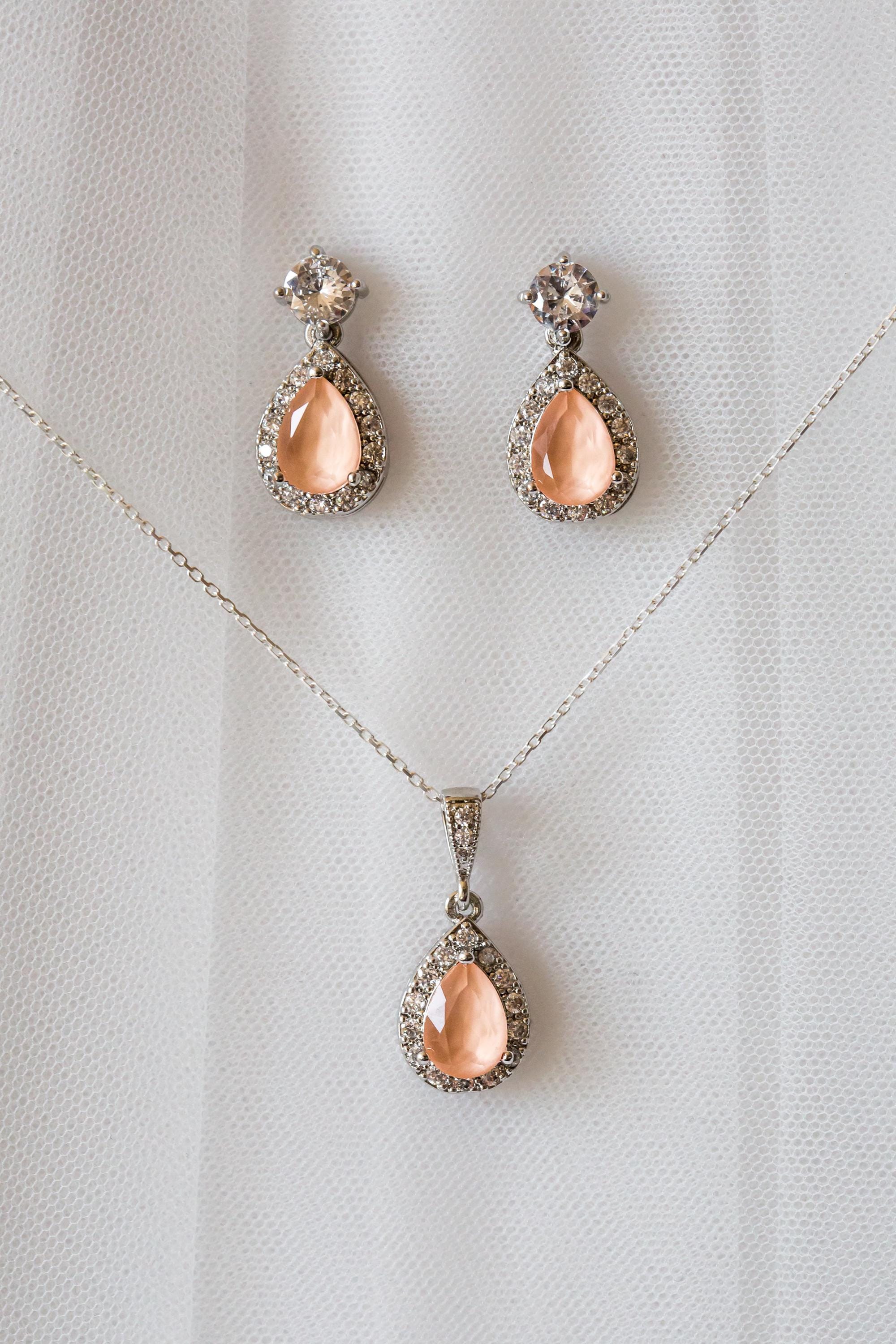 Peach Crystal Jewellery Set | Wedding Jewellery | Drop Earring | Necklace | Bridesmaid Gift | Bride
