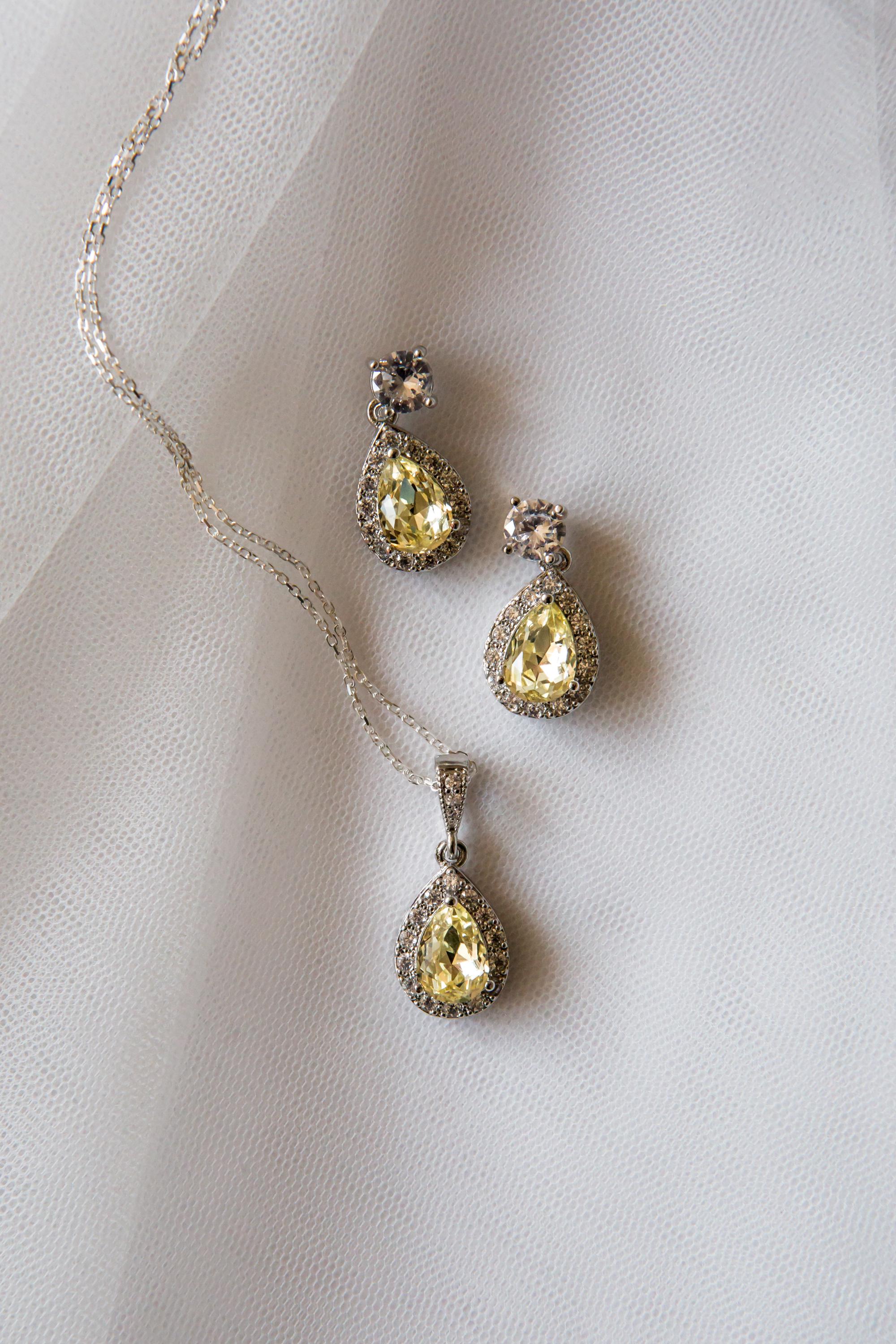Yellow Crystal Jewellery Set | Wedding Jewellery | Drop Earring | Necklace | Bridesmaid Gift | Bride